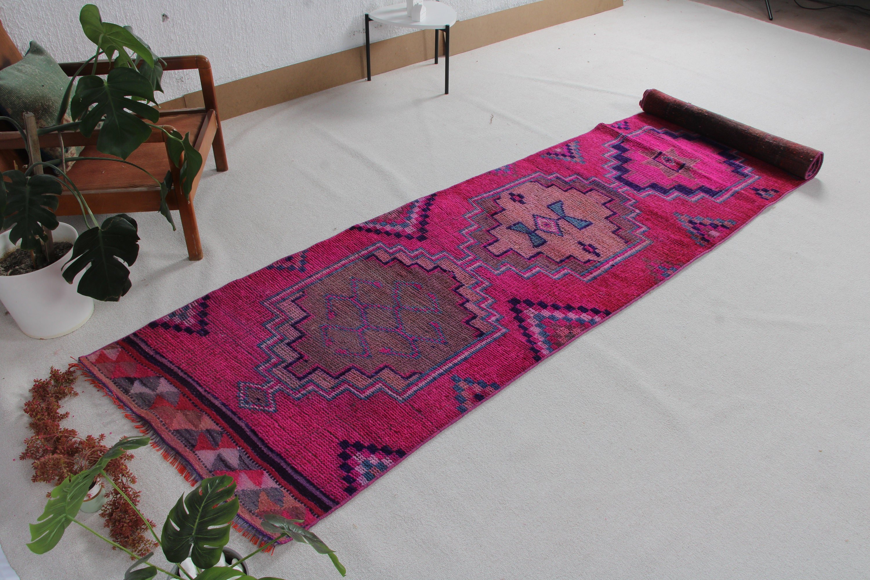 Mor Oryantal Halı, 2.9x12.8 ft Runner Halıları, Geometrik Halılar, Oushak Halısı, Türk Halısı, Mutfak Halıları, Beni Ourain Runner Halısı, Vintage Halılar