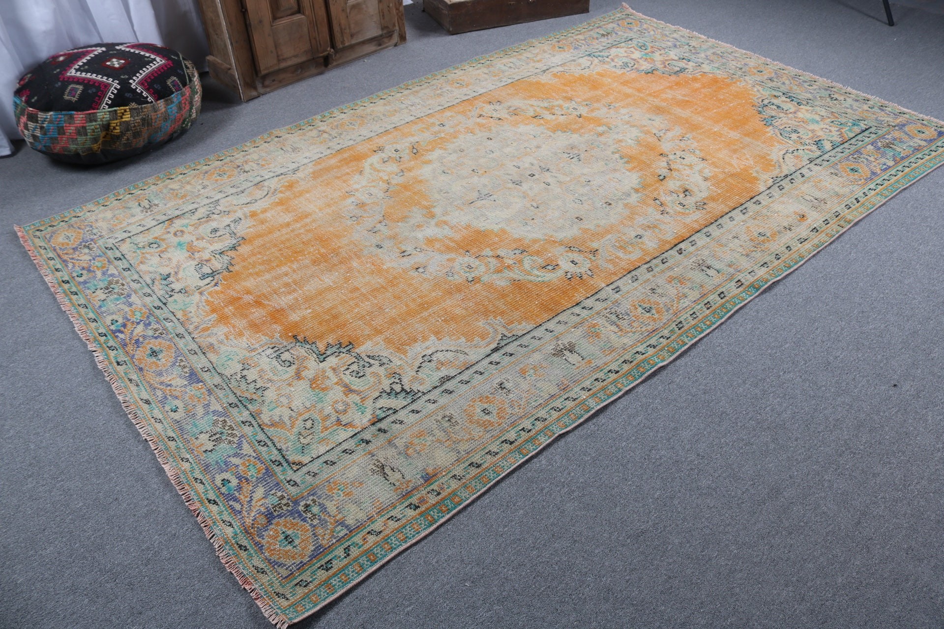 Havalı Halılar, Türk Halıları, Yemek Odası Halısı, Vintage Halılar, Ofis Halısı, Turuncu Oushak Halısı, Yün Halılar, Büyük Vintage Halılar, 5,8x9,4 ft Büyük Halı