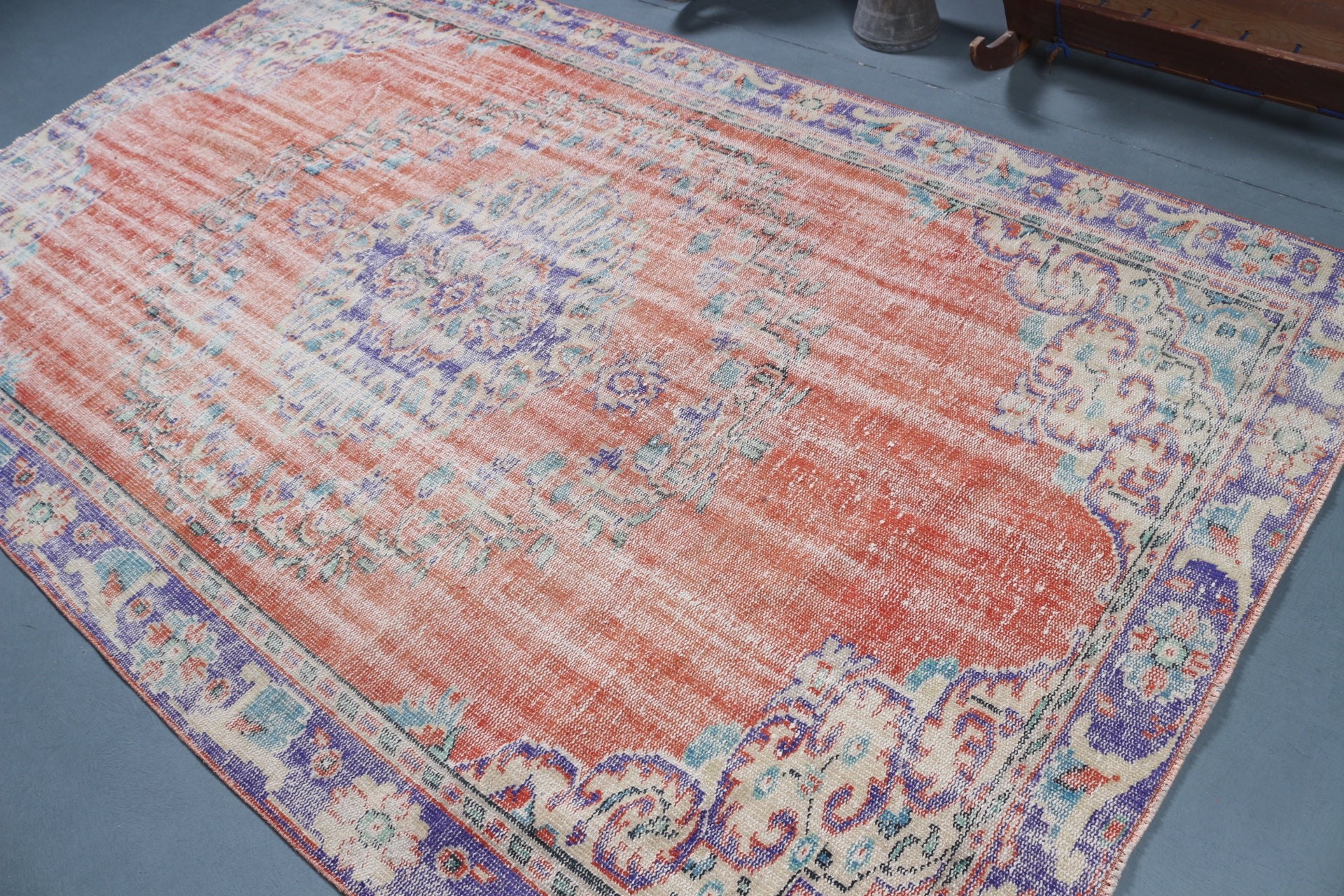 Yün Halı, Yemek Odası Halısı, Turuncu 5.8x9.5 ft Büyük Halılar, Salon Halısı, Vintage Halı, Yer Halıları, Türk Halısı