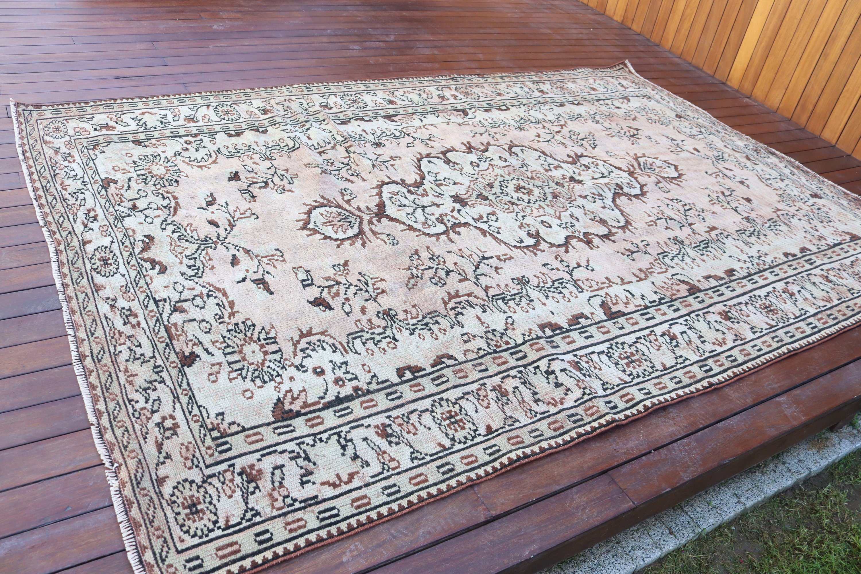 Nötr Halı, Salon Halıları, 6,1x9,4 ft Büyük Halı, Türk Halıları, Vintage Halılar, Kabile Halısı, Yer Halıları, Bej Oushak Halıları, Büyük Boho Halısı