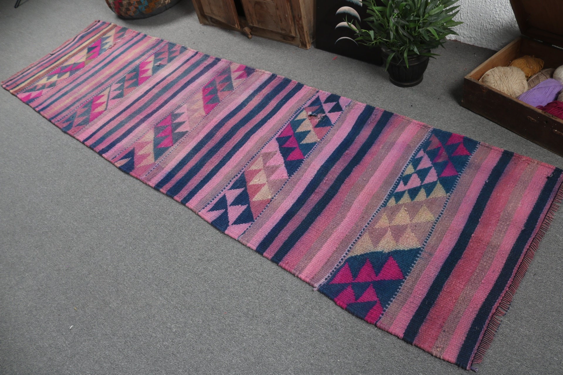 Antique Rug, Turkish Rugs, Rugs for Runner, Aesthetic Rugs, Stair Rugs, 2.7x10.2 ft Runner Rug, Pink Wool Rugs, Vintage Rug, Geometric Rug