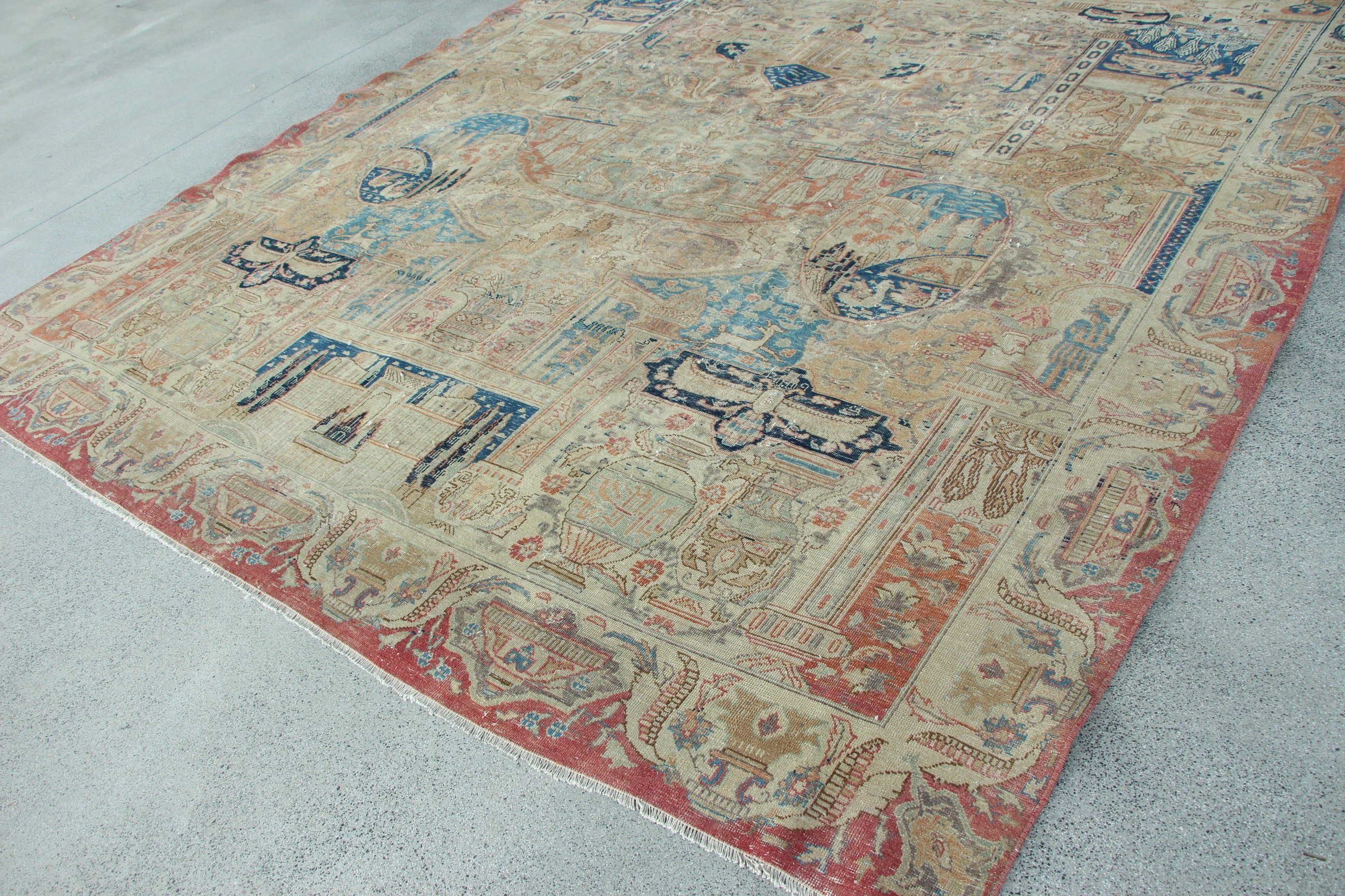 Vintage Halı, Bej Oushak Halılar, Salon Halısı, Vintage Dekor Halıları, 9.6x12.6 ft Büyük Boy Halı, Salon Halıları, Nötr Halılar, Türk Halıları, Yün Halı