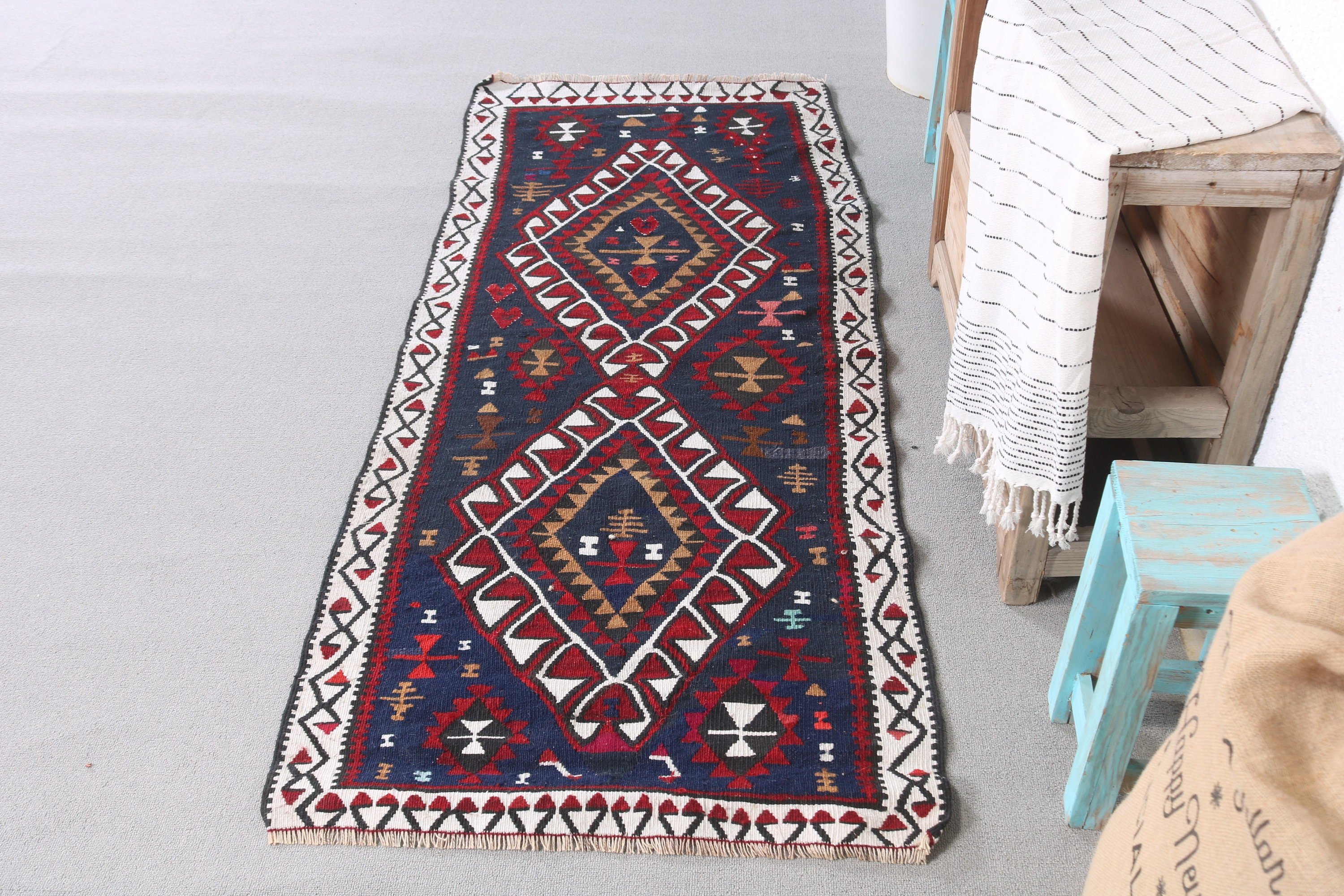 Giriş Halısı, Vintage Halı, Yün Halılar, Giriş Halıları, Türk Halıları, Yatak Odası Halısı, Kilim, 2,5x6,1 ft Accent Halı, Mavi Antika Halı