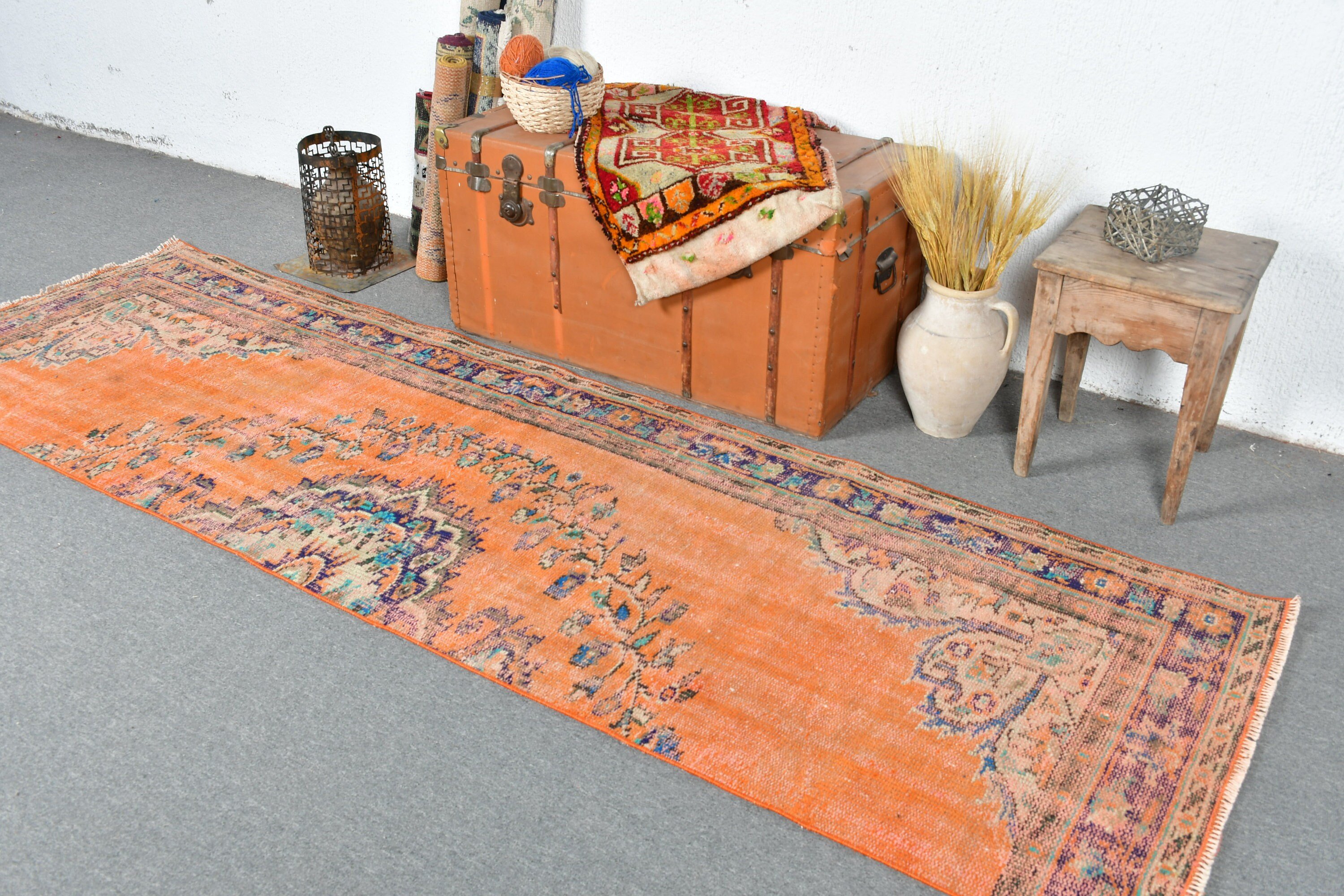 Türk Halıları, Turuncu Oryantal Halı, 2,9x9,5 ft Koşucu Halısı, Koridor Halıları, Vintage Halı, Merdiven Halısı, Merdiven Halıları, Mutfak Halısı