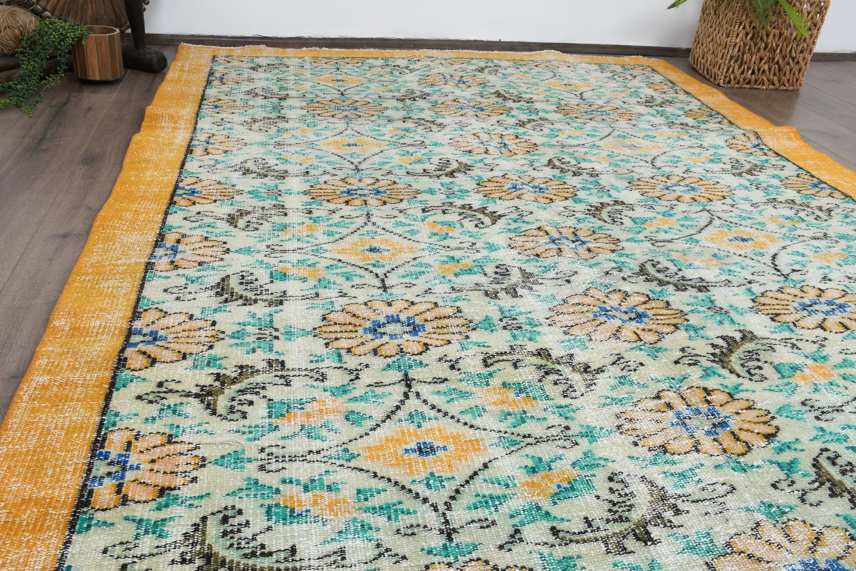 Yellow Cool Rug, Turkish Rug, 5.8x8.6 ft Large Rug, Wool Rugs, Vintage Rug, Dining Room Rug, Vintage Decor Rugs, Salon Rugs