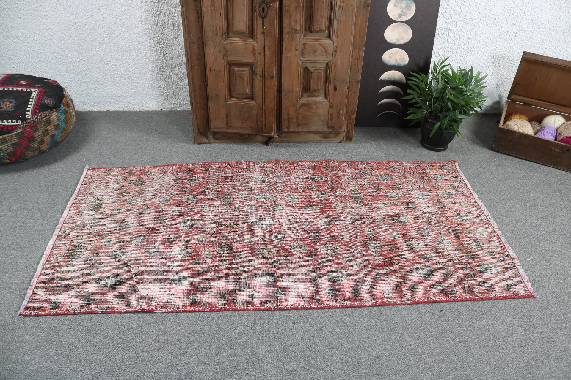 3x6.2 ft Accent Rugs, Vintage Rugs, Oushak Rug, Turkish Rug, Statement Rug, Red Anatolian Rug, Vintage Accent Rugs, Kitchen Rugs, Floor Rug