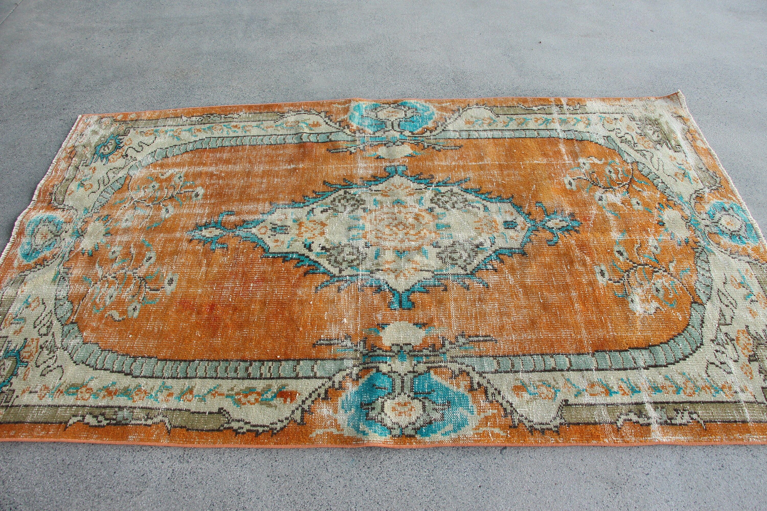 Pale Rug, Turkish Rug, Living Room Rug, Kitchen Rugs, Anatolian Rug, Vintage Rug, Rugs for Indoor, Orange Oushak Rugs, 4.2x7.3 ft Area Rugs