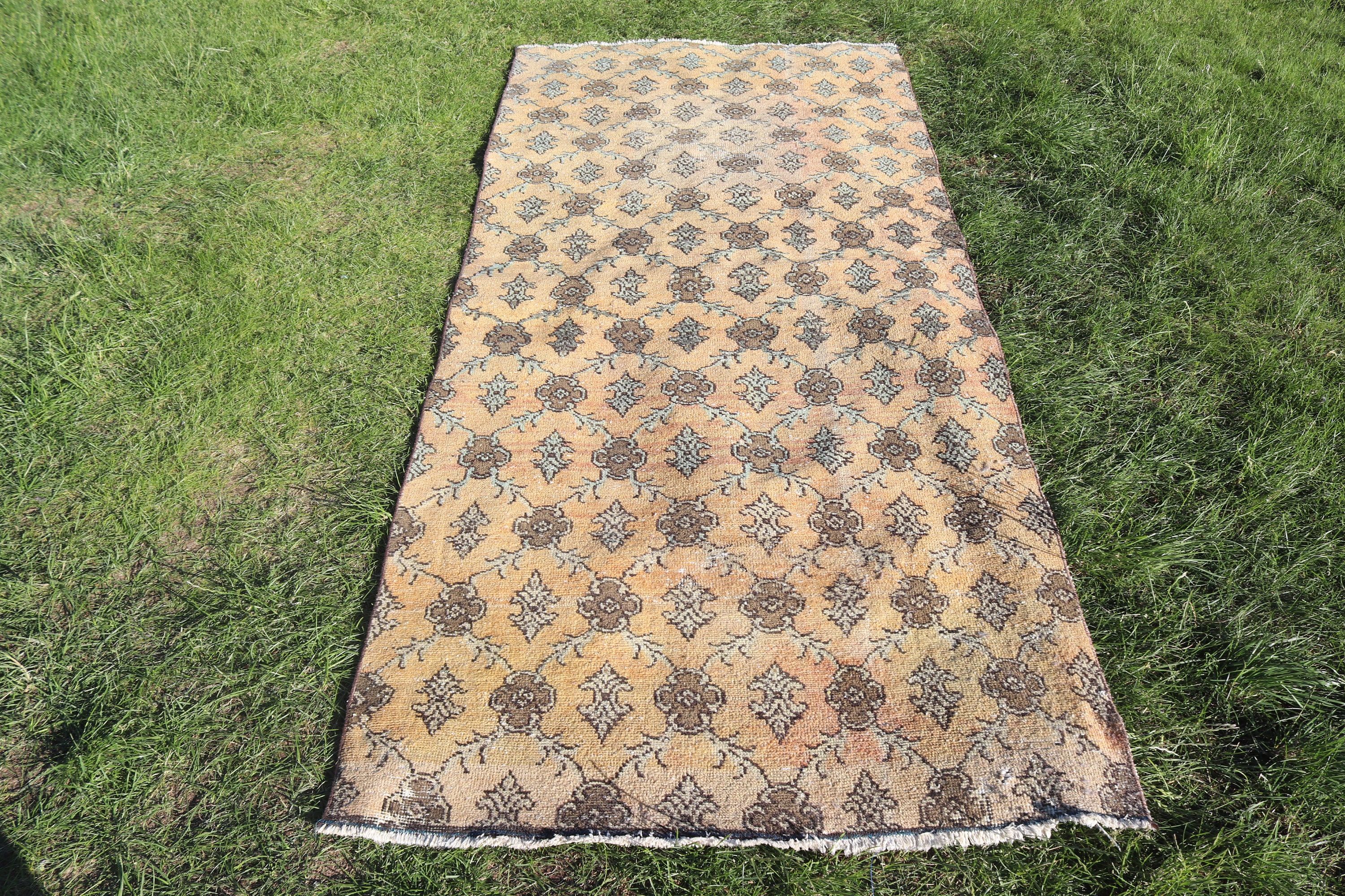 Yemek Odası Halıları, 3,3x7,7 ft Alan Halısı, Egzotik Halı, Türk Halısı, Sarı Soğuk Halı, Vintage Halılar, Boho Halısı, Oushak Alan Halıları