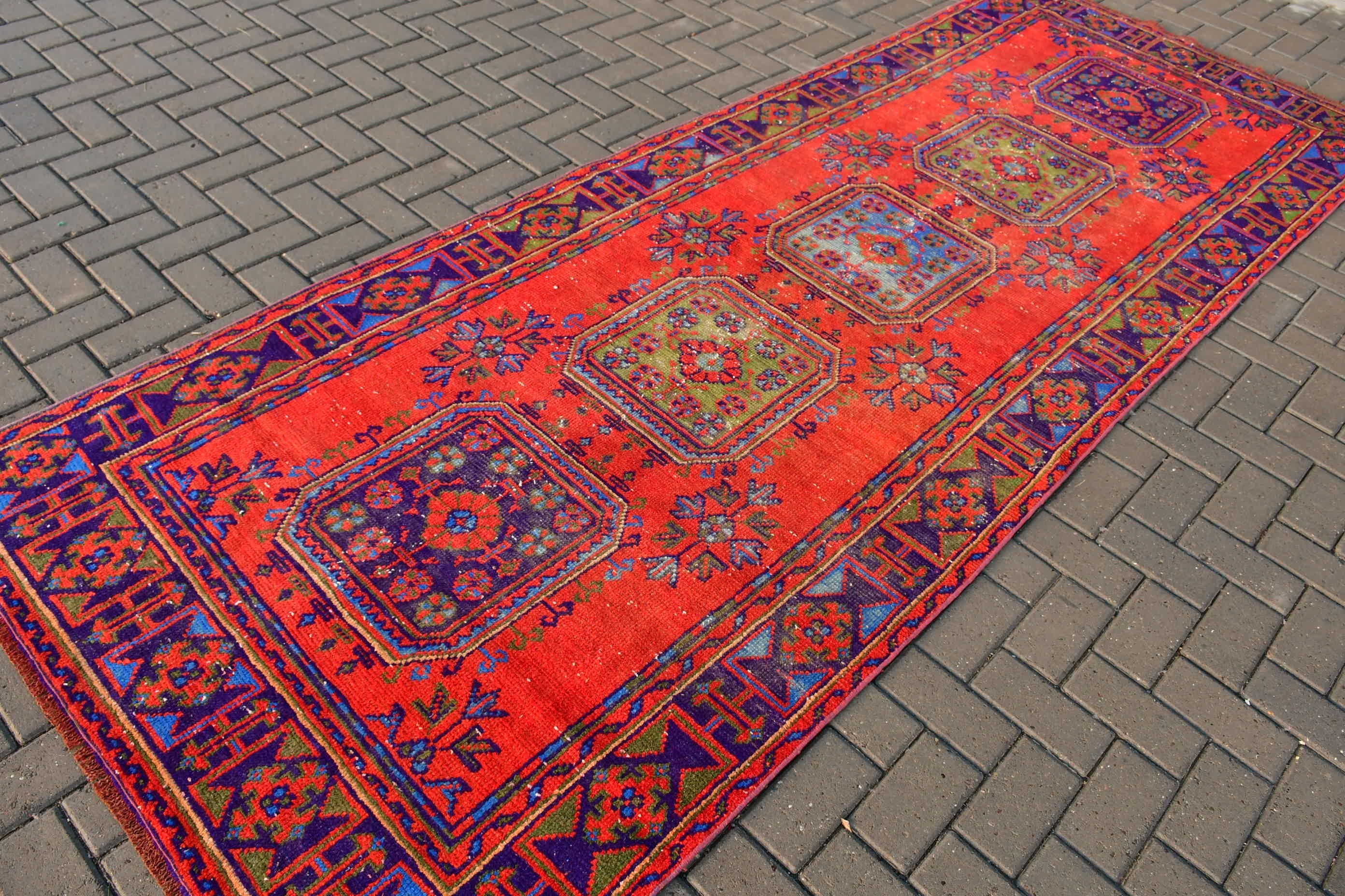 Kırmızı 4.2x11.4 ft Runner Halı, Merdiven Halıları, Vintage Halılar, Yer Halısı, Türk Halısı, Koridor Halısı, Merdiven Halısı