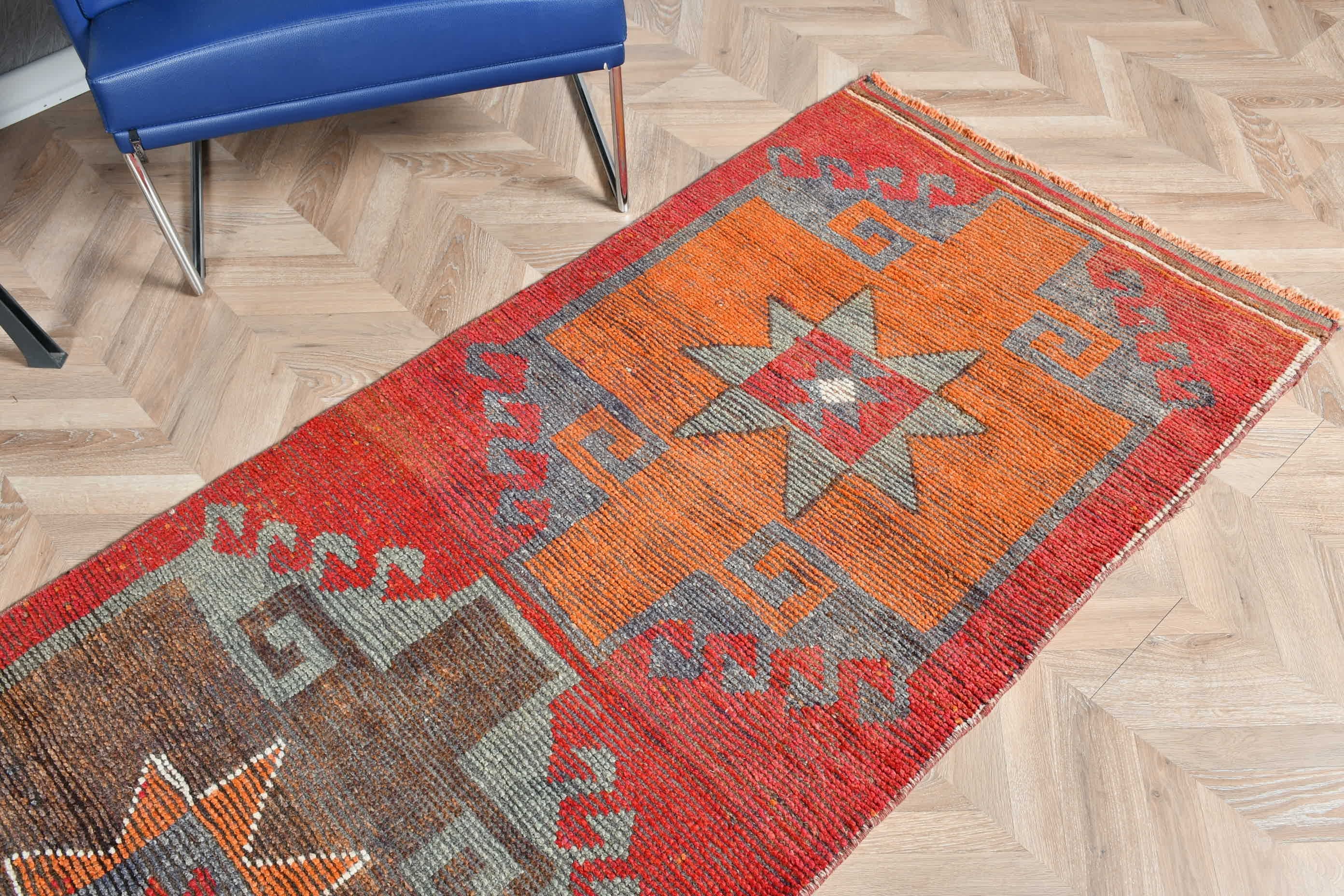 Turkish Rug, 3x11.3 ft Runner Rug, Corridor Rug, Bright Rugs, Rugs for Kitchen, Anatolian Rugs, Red Wool Rugs, Vintage Rugs, Home Decor Rug