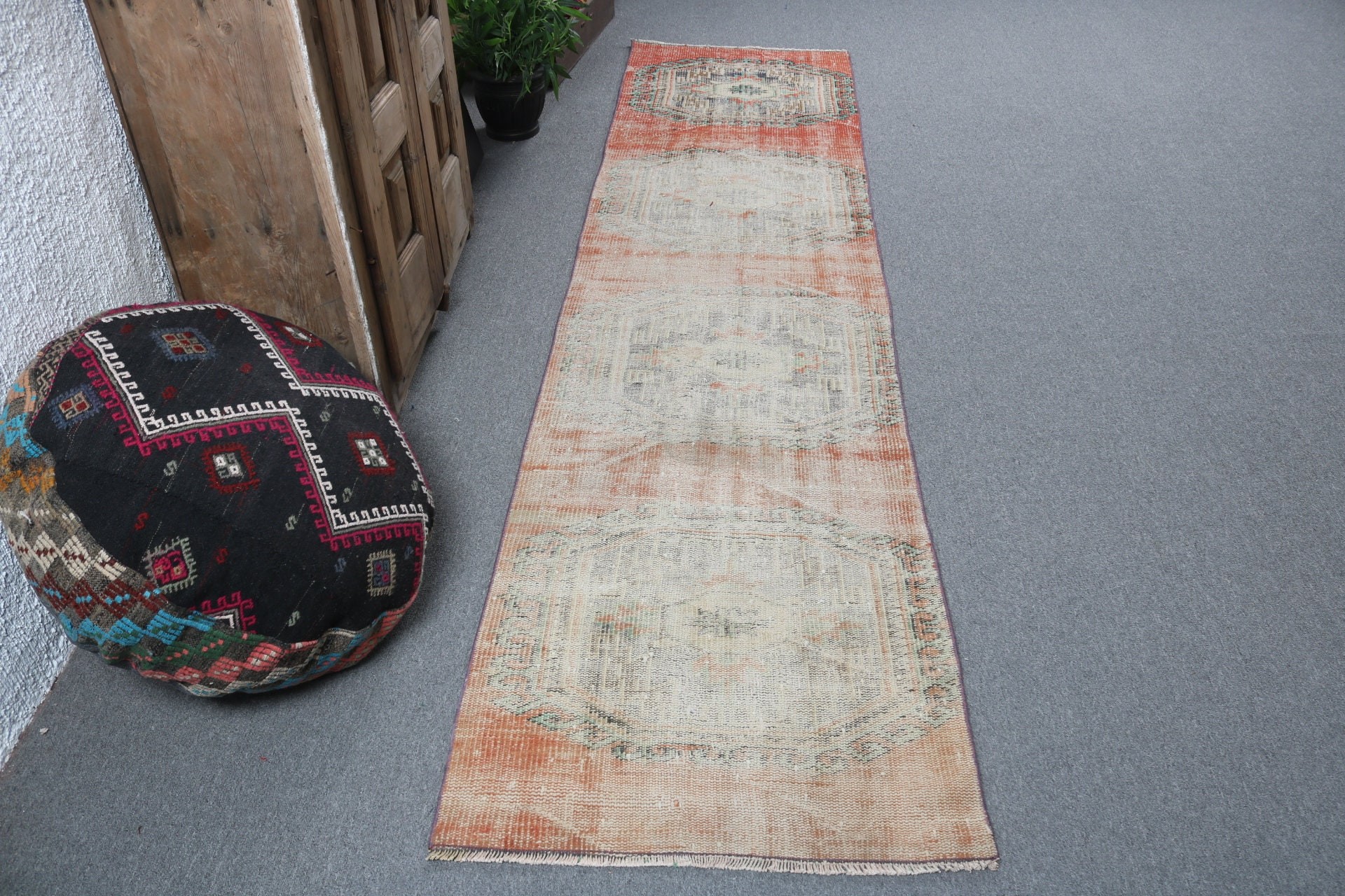 Beni Ourain Runner Rug, Boho Rug, Turkish Rugs, Vintage Rugs, 2.5x9.8 ft Runner Rugs, Flatweave Rugs, Hallway Rugs, Orange Kitchen Rugs