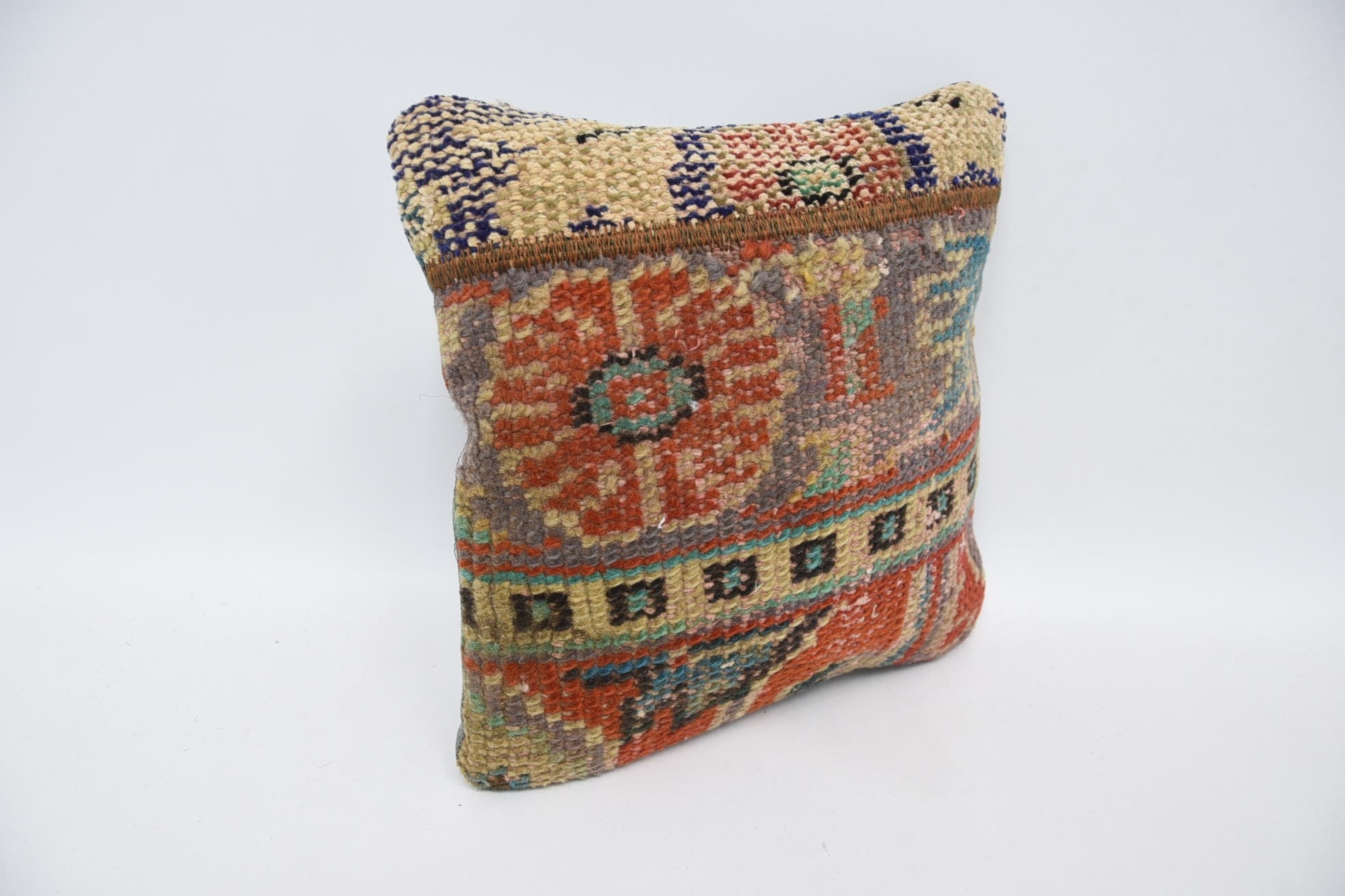 Ethnical Kilim Rug Pillow, Boho Chic Pillow, 12"x12" Red Cushion Case, Gift Pillow, Bed Pillow Sham, Pillow for Couch