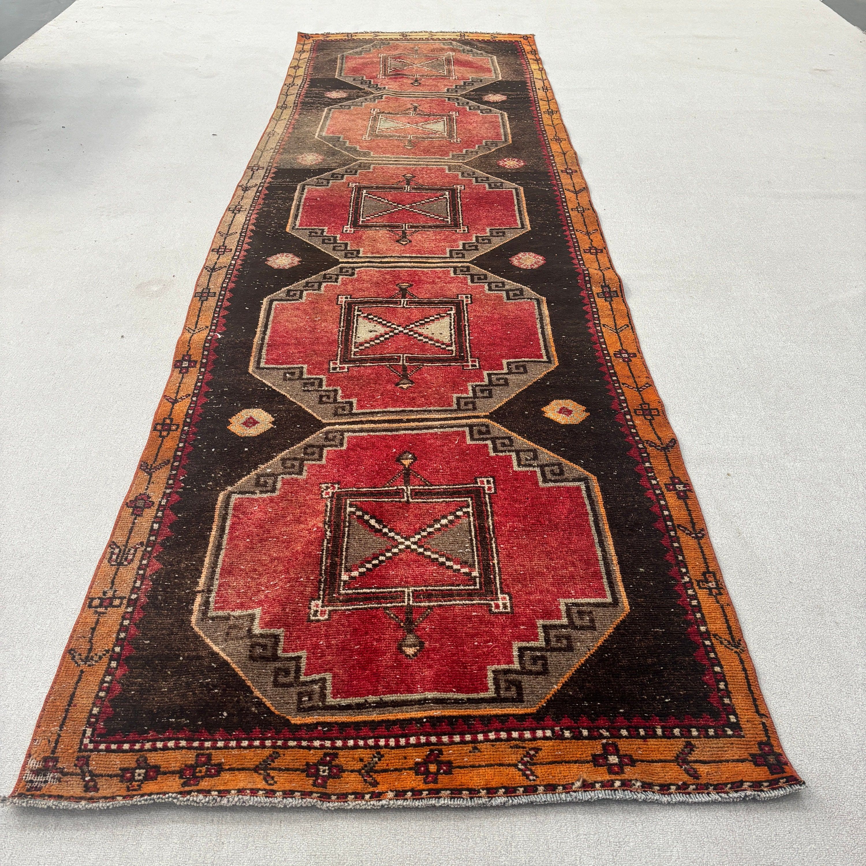 Fas Halıları, Türk Halıları, Vintage Halı, 3,6x12,8 ft Koşucu Halıları, Nötr Halılar, Kırmızı Geometrik Halılar, Koşucu Halıları, Koridor Halıları