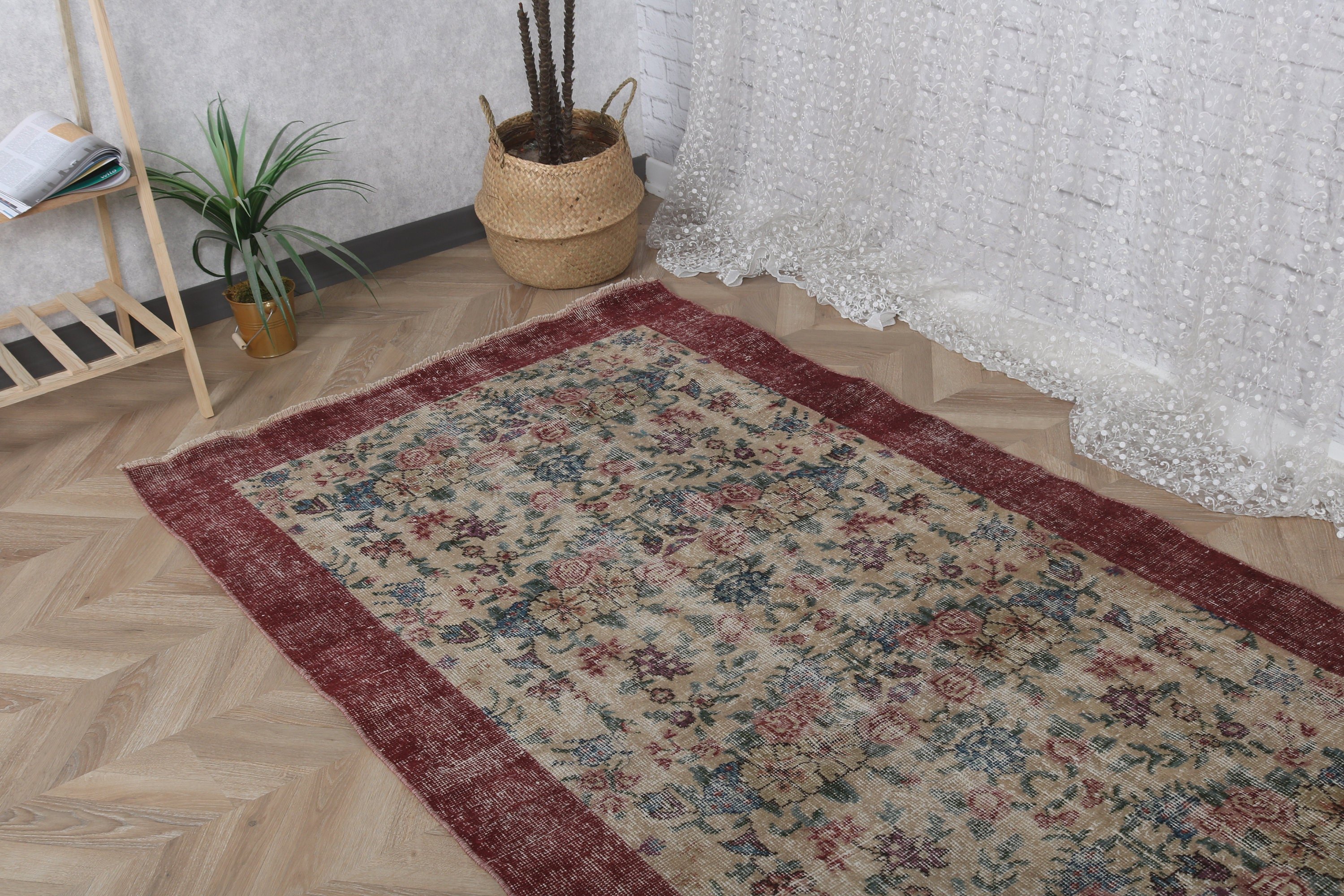 Vintage Rug, Beige Anatolian Rugs, Rugs for Floor, Living Room Rugs, Bedroom Rugs, 3.7x7.2 ft Area Rug, Geometric Rugs, Turkish Rug