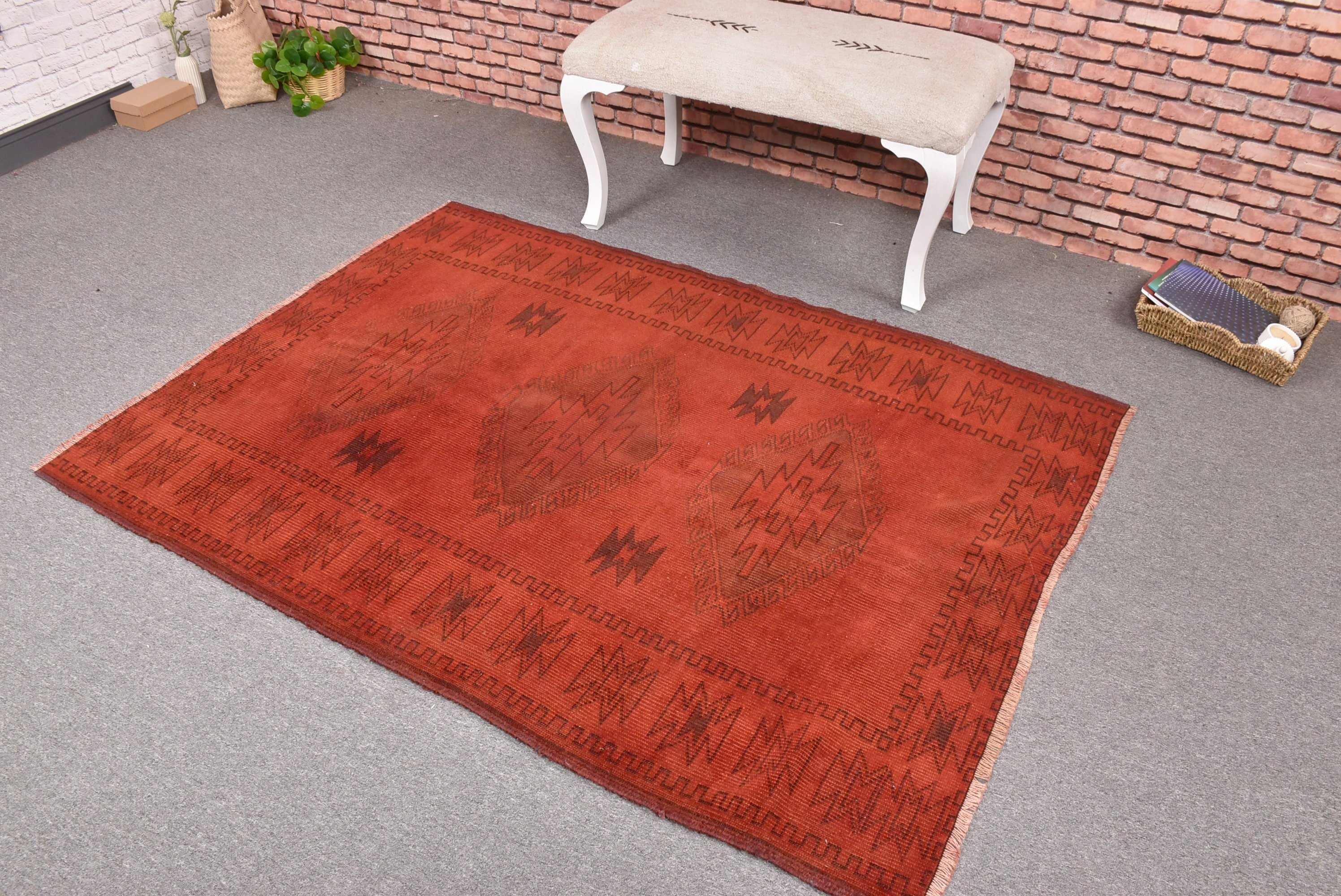 Boho Rug, Turkish Rug, Vintage Rugs, Orange  4.1x5.6 ft Accent Rug, Neutral Rugs, Vintage Accent Rug, Decorative Rugs