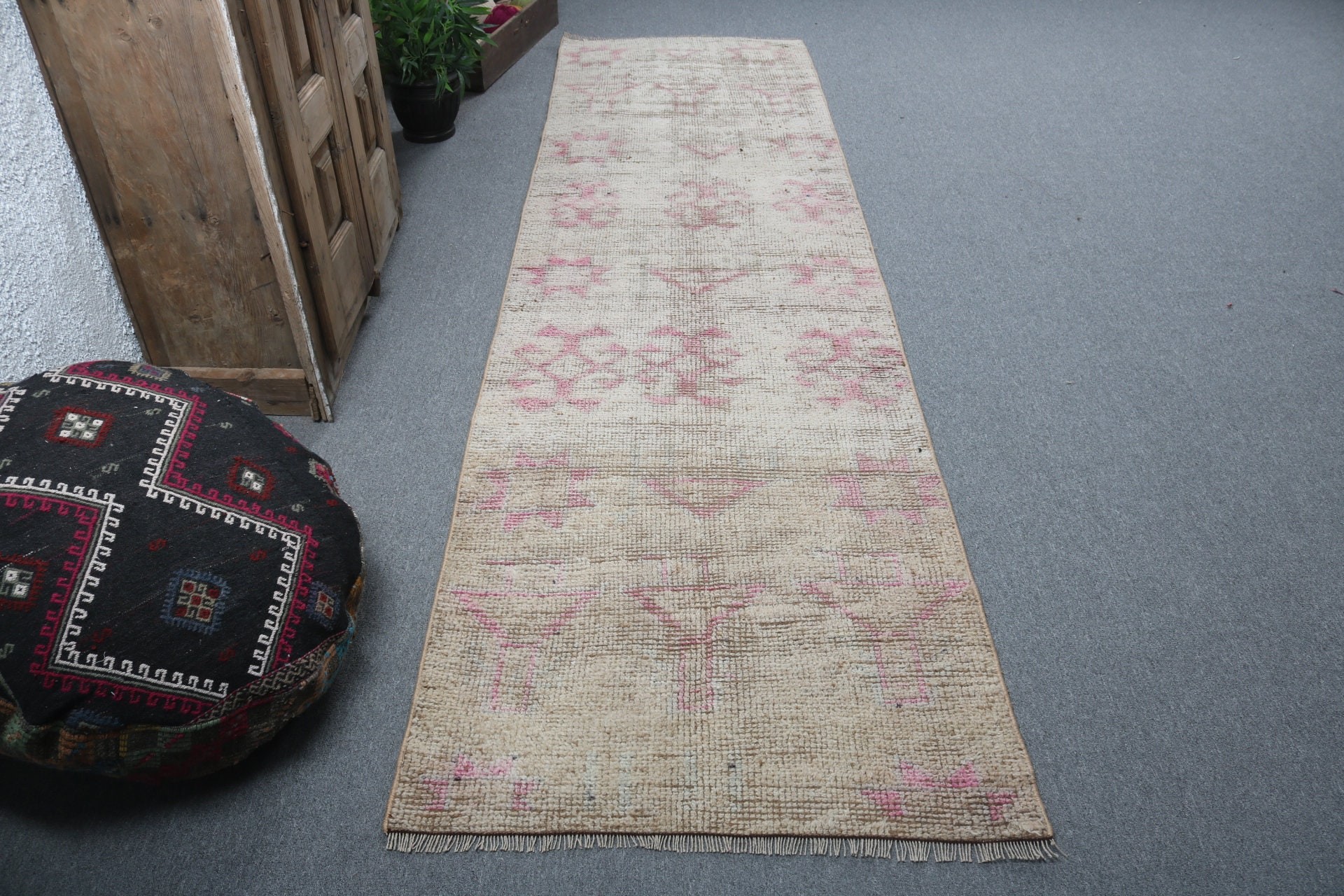 Floor Rugs, Beige Oushak Rugs, Long Runner Rugs, Kitchen Rugs, Geometric Rug, Turkish Rug, Ethnic Rug, 2.9x10.5 ft Runner Rug, Vintage Rugs