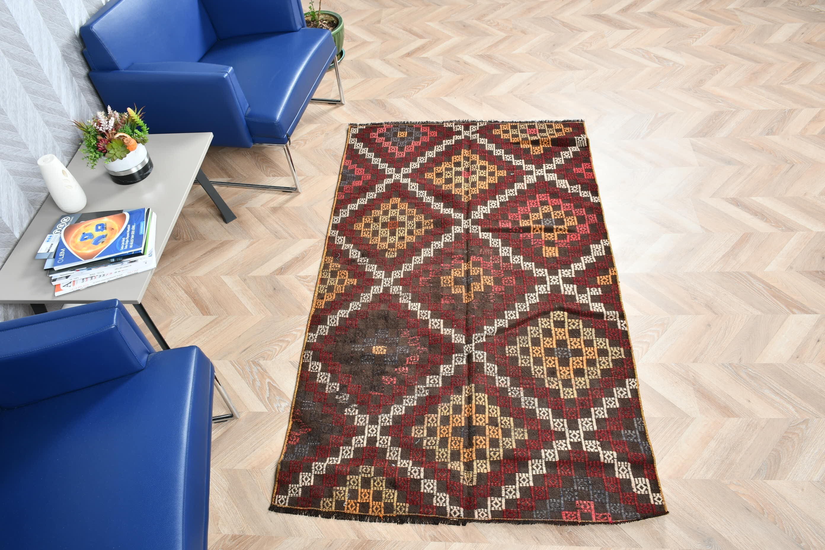 Giriş Kilim, Kahverengi Renkli Kilim, Yatak odası Kilim, Giriş Kilim, Uşak Kilim, Giriş Kilim, 108x181 cm Antre Kilim, Nostaljik Kilim