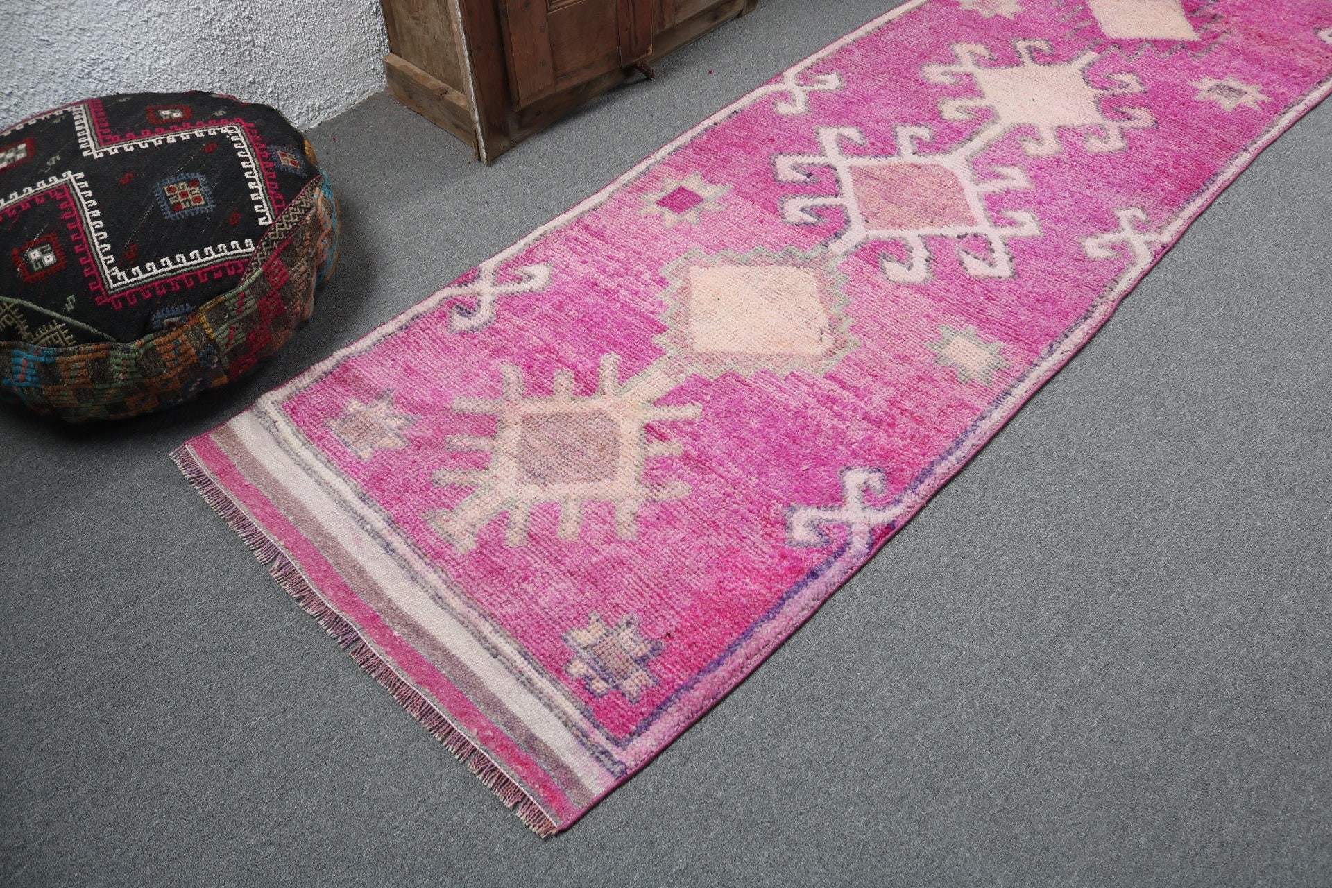 Boho Halılar, Lüks Halılar, Vintage Halılar, Türk Halıları, 2,9x11,6 ft Koşucu Halısı, Geometrik Halı, Pembe Geometrik Halılar, Merdiven Halısı, Uzun Yolluk Halıları