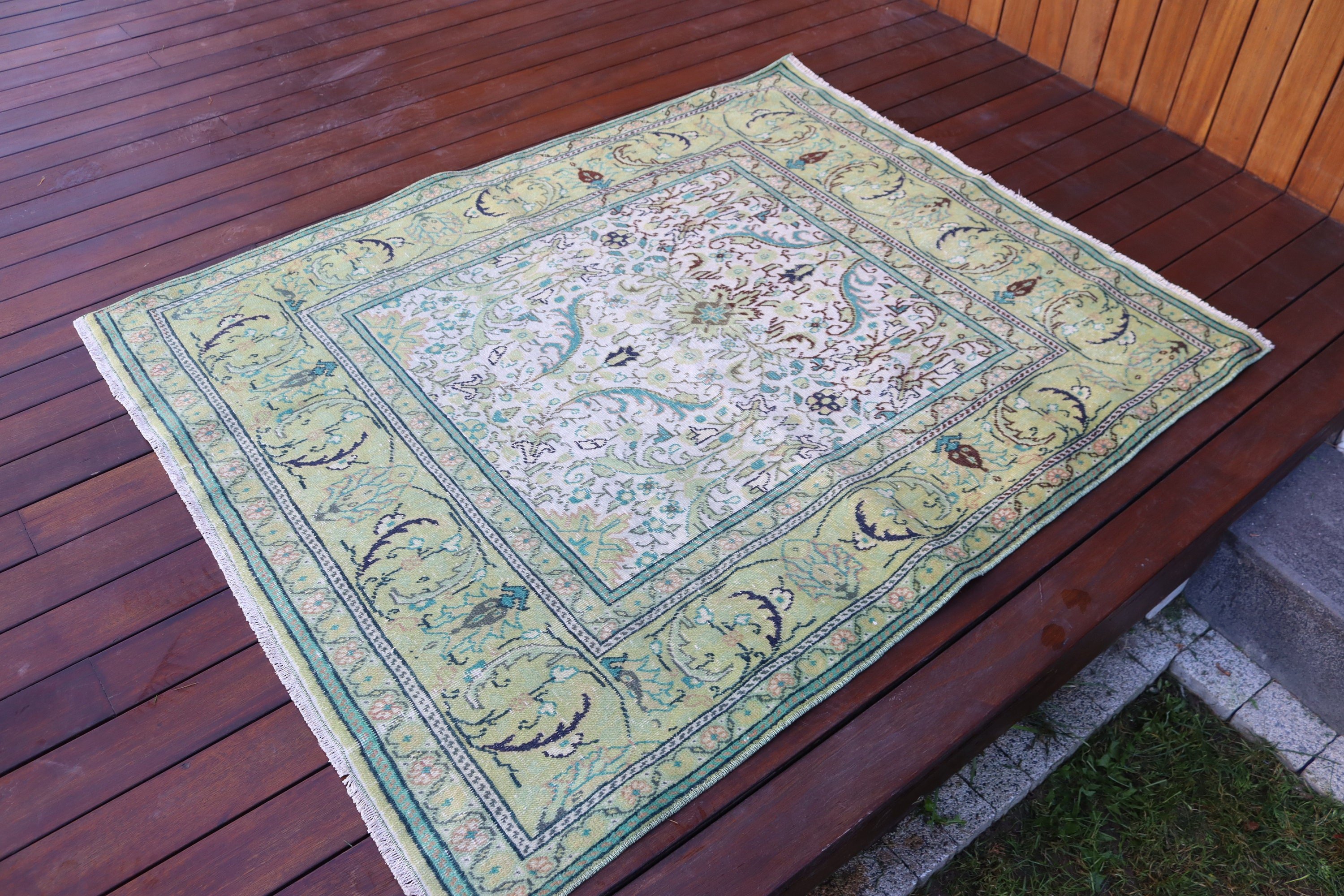 Türk Halıları, 3,8x4,7 ft Aksan Halıları, Boho Vurgu Halısı, Vintage Halı, Yatak Odası Halıları, Aztek Halısı, Fas Halısı, Yeşil El Dokuma Halısı, Mutfak Halısı