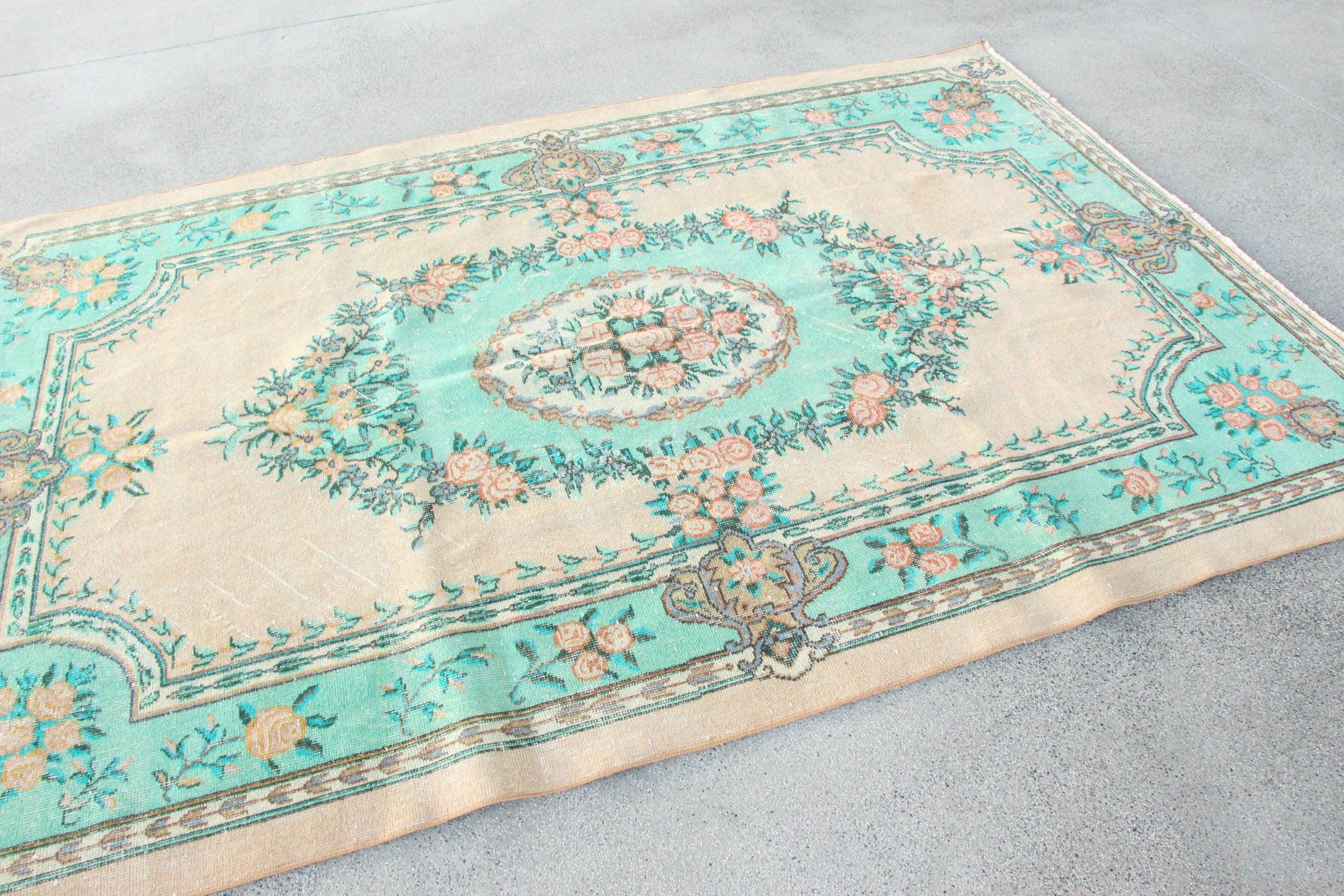 Living Room Rugs, 5.5x8.3 ft Large Rug, Turkish Rug, Neutral Rug, Green Statement Rug, Vintage Rugs, Large Oushak Rugs, Oriental Rugs