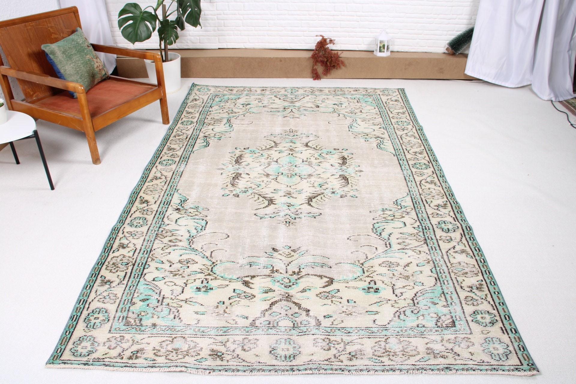 El Dokuma Halı, 5.5x8.8 ft Büyük Halılar, Yeşil Zemin Halısı, Büyük Boho Halıları, Yemek Odası Halıları, Vintage Halı, Boho Halıları, Türk Halısı, Nötr Halılar