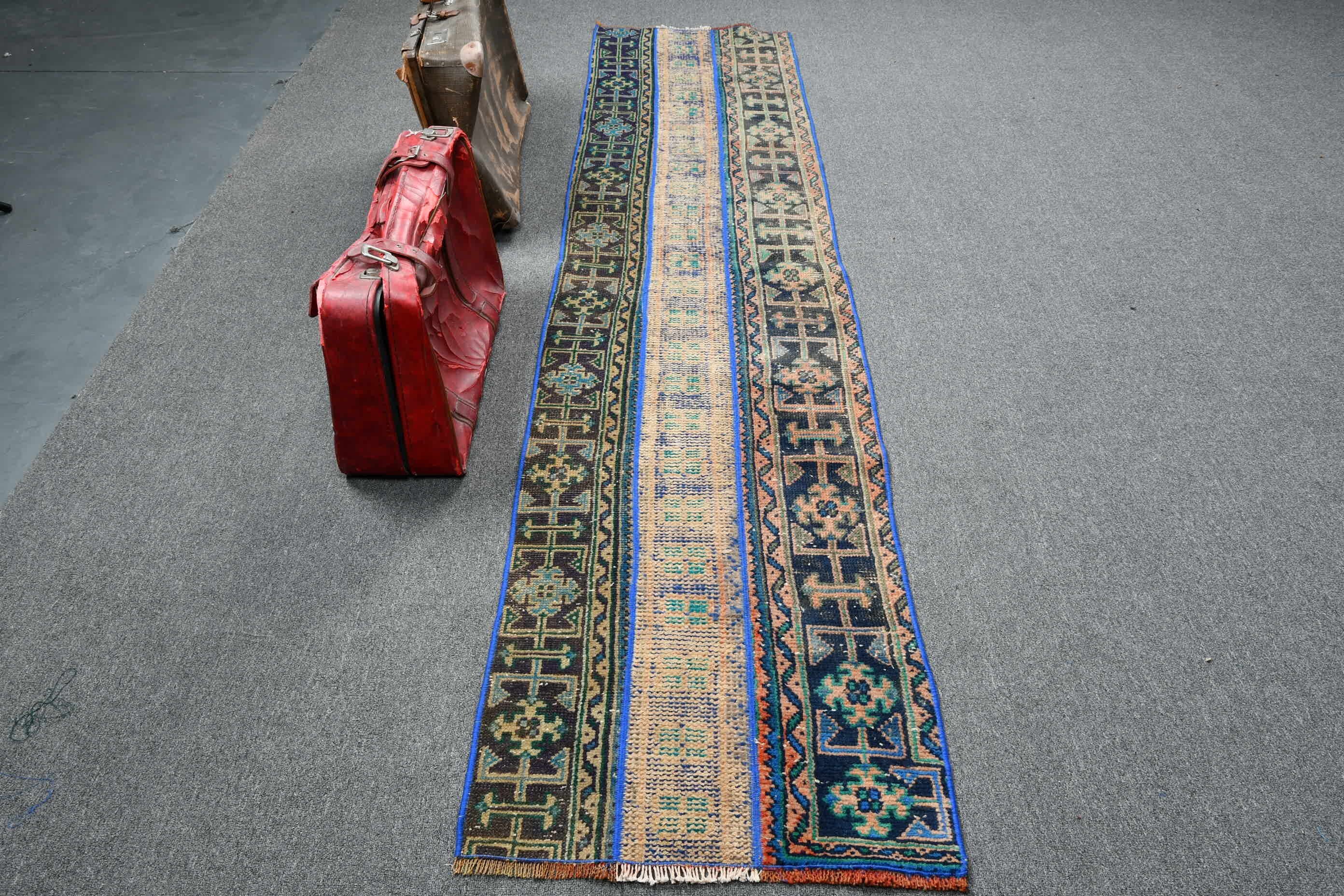 Vintage Rug, Turkish Rug, Moroccan Rug, Blue Floor Rug, Handwoven Rugs, 2.2x9.7 ft Runner Rugs, Corridor Rugs, Rugs for Stair