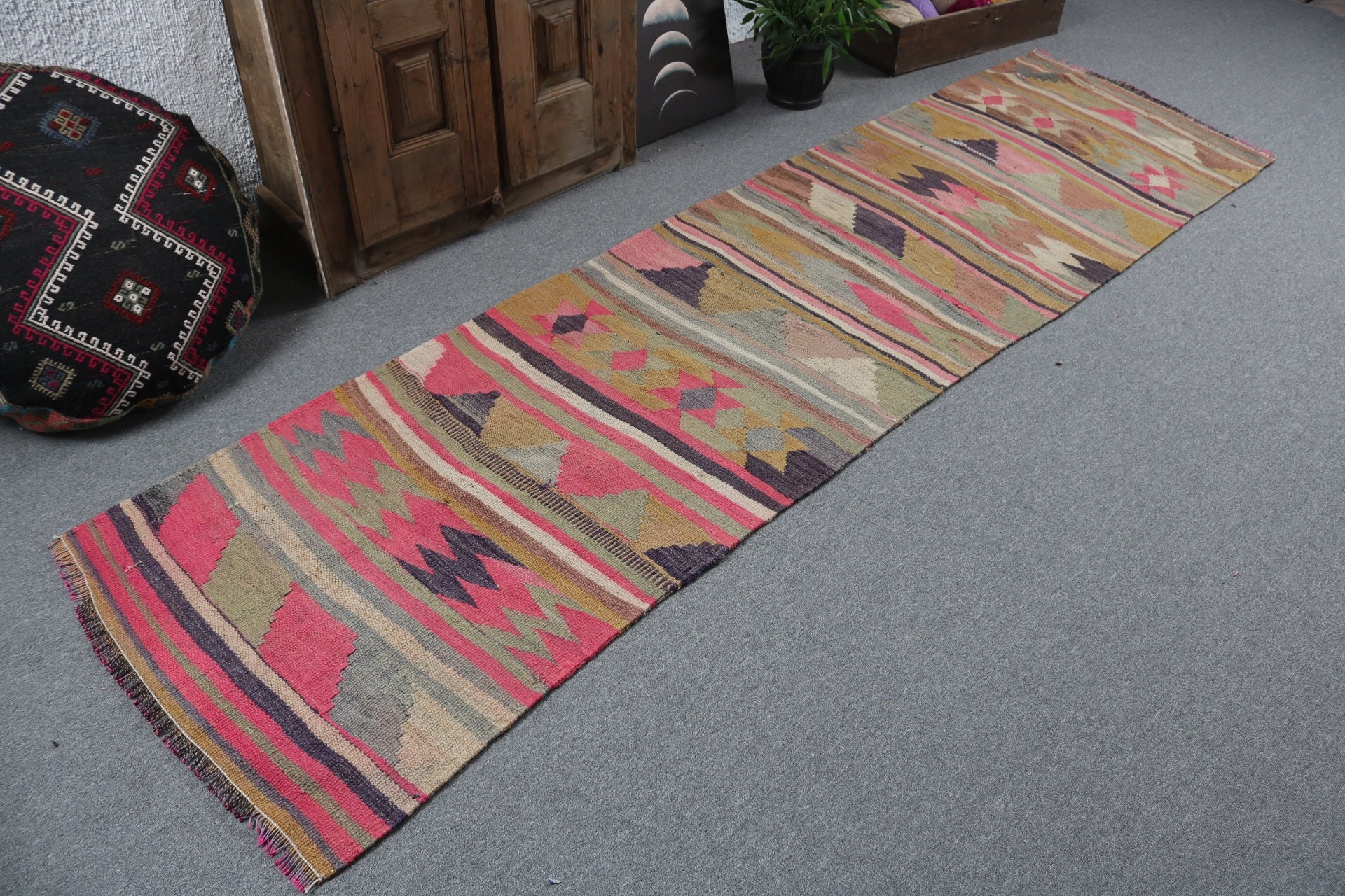 Cool Rug, Turkish Rugs, Kilim, 2.6x9.6 ft Runner Rugs, Beni Ourain Runner Rug, Boho Rug, Vintage Rugs, Handwoven Rug, Pink Home Decor Rug