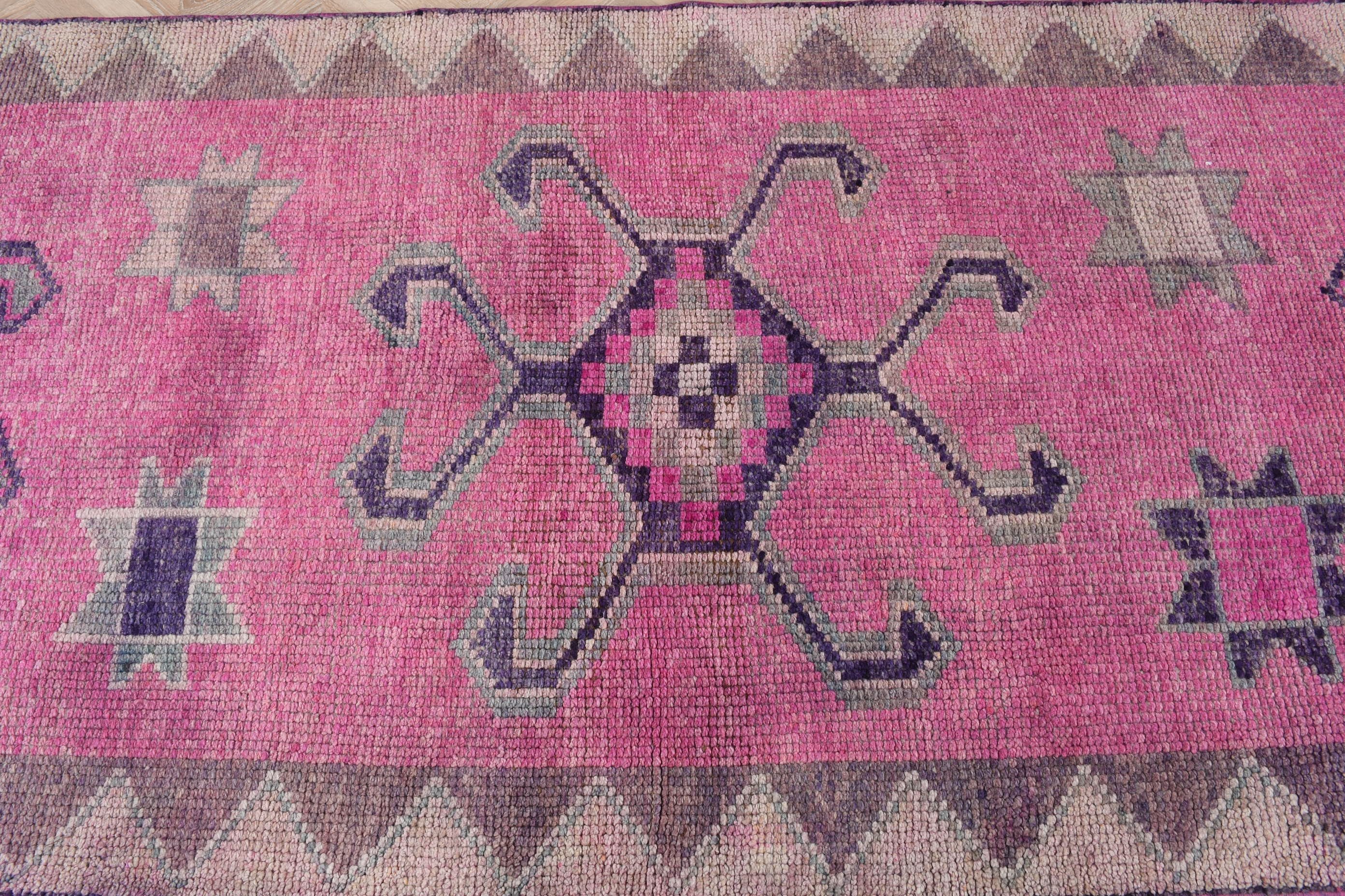 3.4x11.5 ft Runner Rugs, Vintage Rug, Stair Rug, Turkish Rugs, Bedroom Rug, Designer Rug, Wool Rug, Rugs for Kitchen, Pink Anatolian Rugs