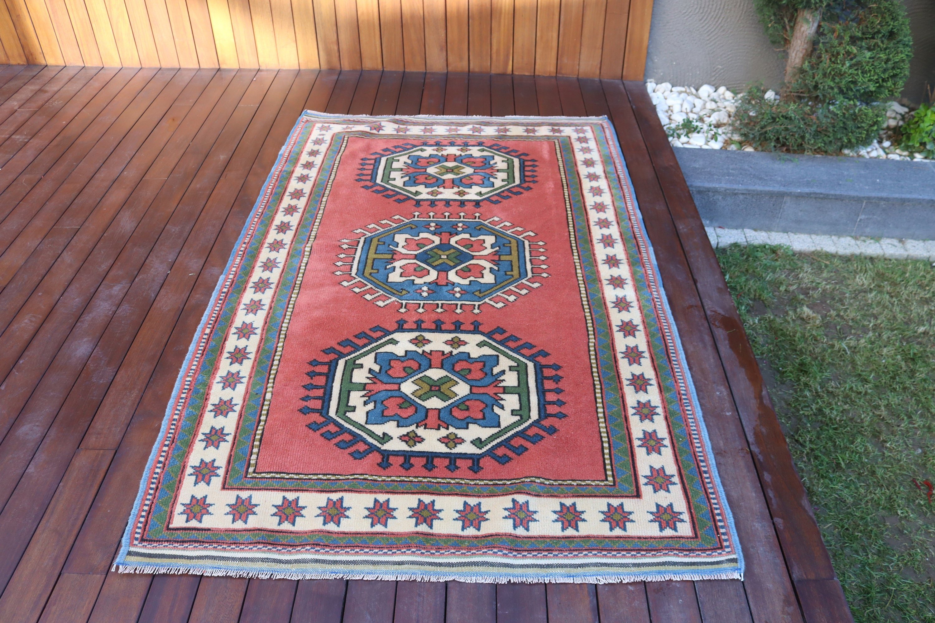 Vintage Halı, Mutfak Halıları, Oushak Bölge Halısı, Oturma Odası Halısı, 4x6,4 ft Alan Halısı, Nötr Halılar, Yün Halı, Türk Halıları, Pembe Yatak Odası Halısı