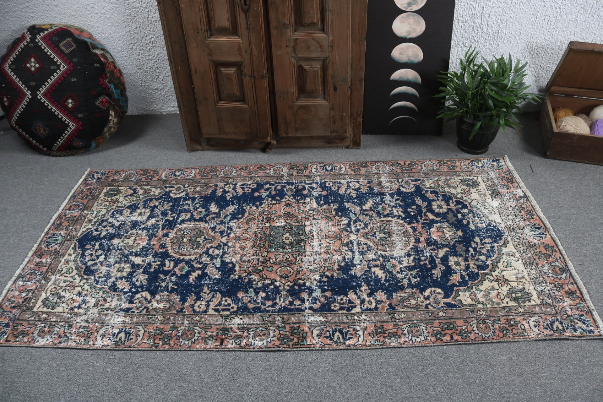 Accent için Halılar, 3,3x6,7 ft Accent Halıları, Mavi Boho Halısı, Havalı Halı, Giriş Halısı, Aztek Halısı, Türk Halısı, Oushak Halısı, Yatak Odası Halıları, Vintage Halılar