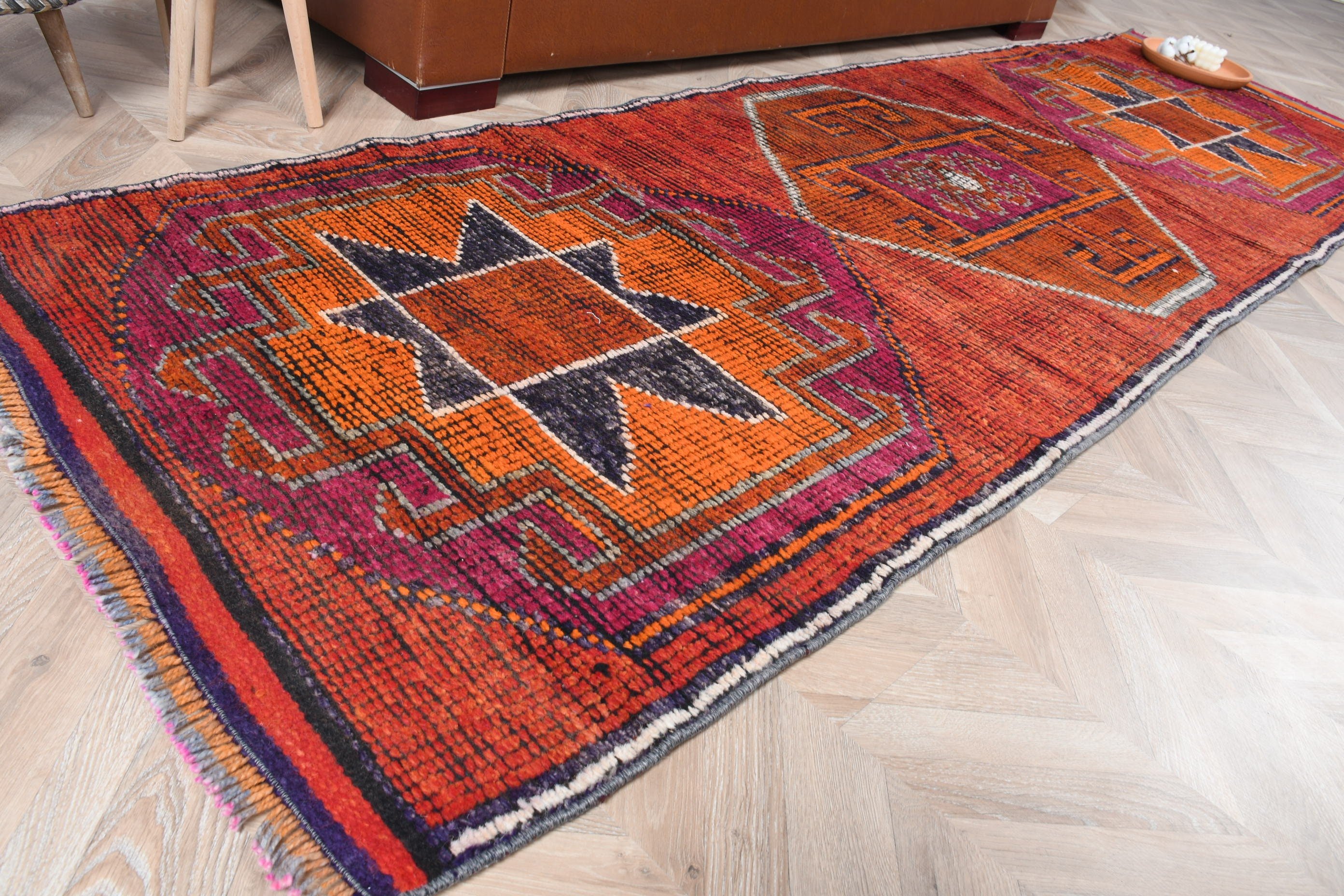 Vintage Halı, Havalı Halı, Turuncu Fas Halıları, Etnik Halı, Oryantal Halılar, 3,1x10,5 ft Runner Halısı, Mutfak Halıları, Koridor Halısı, Türk Halısı