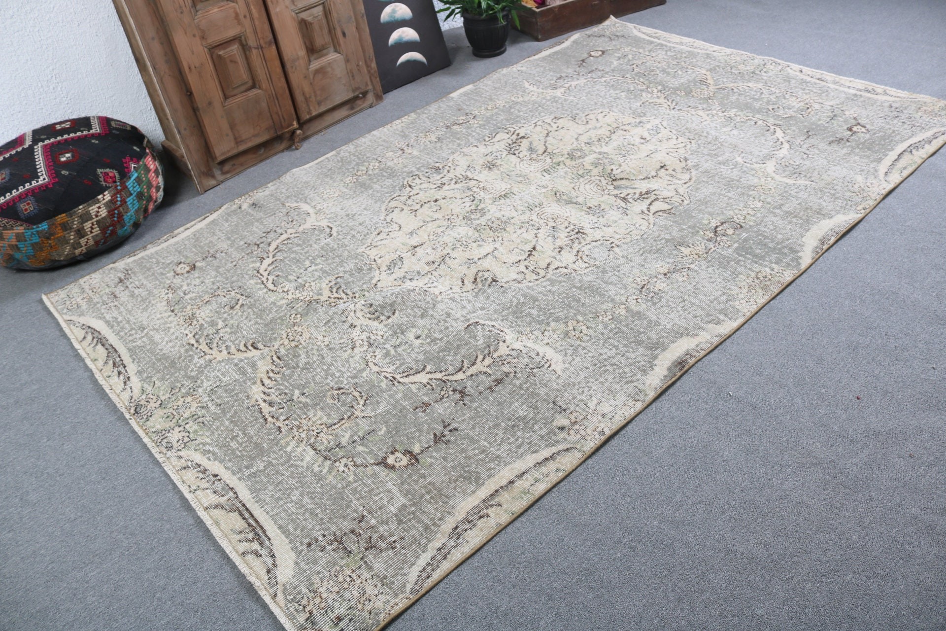 Açıklama Halısı, Mutfak Halısı, 5.4x8.8 ft Büyük Halı, Yatak Odası Halıları, Salon Halıları, Vintage Dekor Halısı, Türk Halısı, Vintage Halılar, Gri Boho Halıları