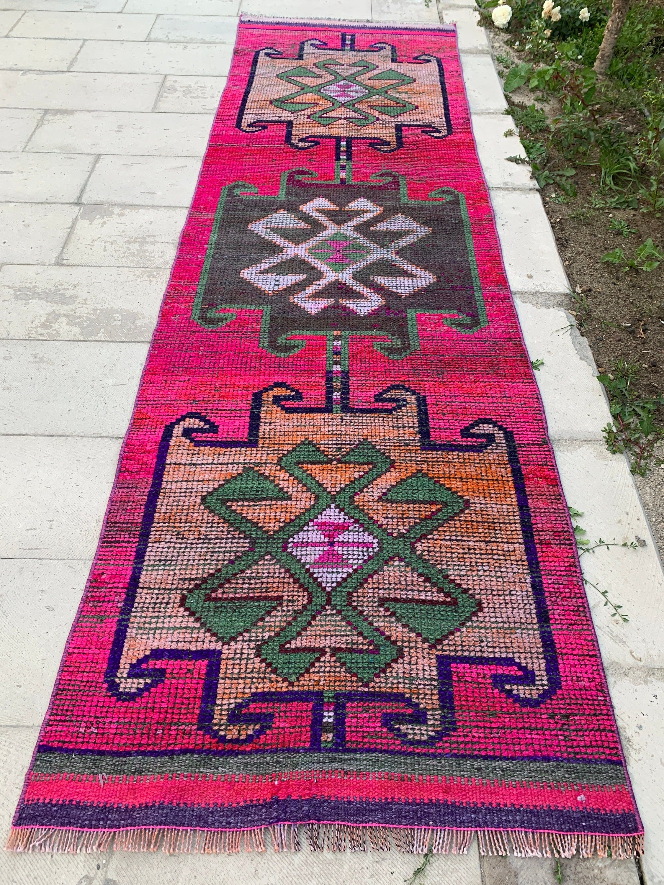 Türk Halısı, 3x10.5 ft Yolluk Halıları, Ev Dekorasyonu Halısı, Yün Halısı, Pembe Mutfak Halıları, Vintage Halı, Koridor Halıları, Mutfak Halıları, Eski Halı