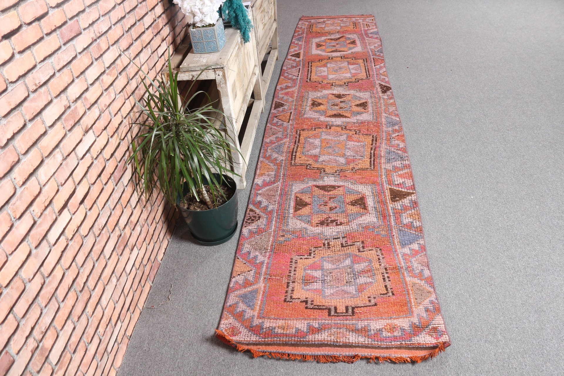 Pale Rug, Vintage Rugs, Hallway Rugs, Corridor Rug, Oriental Rug, Home Decor Rug, Turkish Rug, Pink  2.3x11.3 ft Runner Rug
