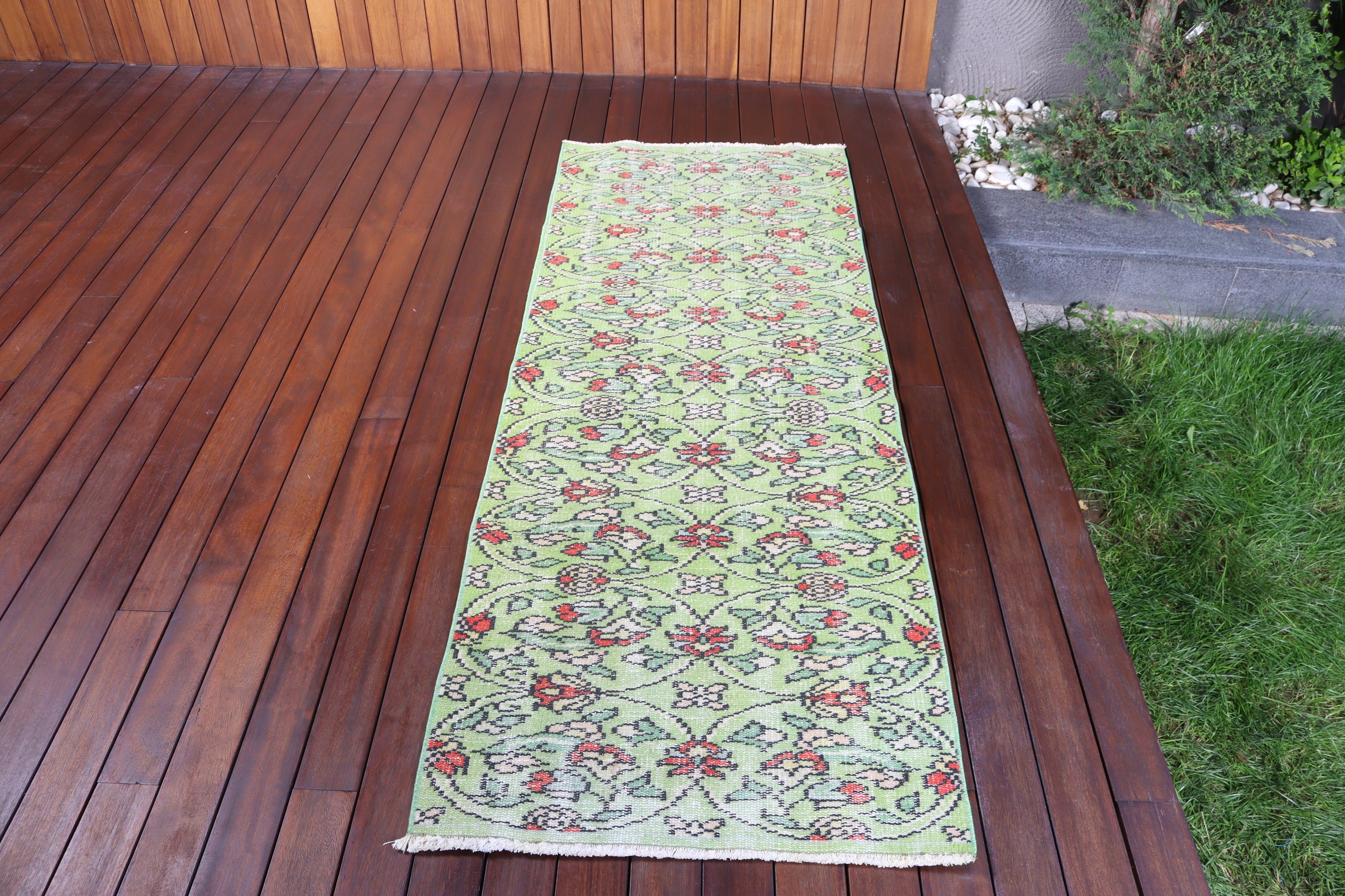 Türk Halısı, Vintage Halı, Vintage Runner Halısı, Uzun Runner Halıları, Oryantal Halılar, Yeşil Boho Halıları, 2.5x6.7 ft Runner Halıları