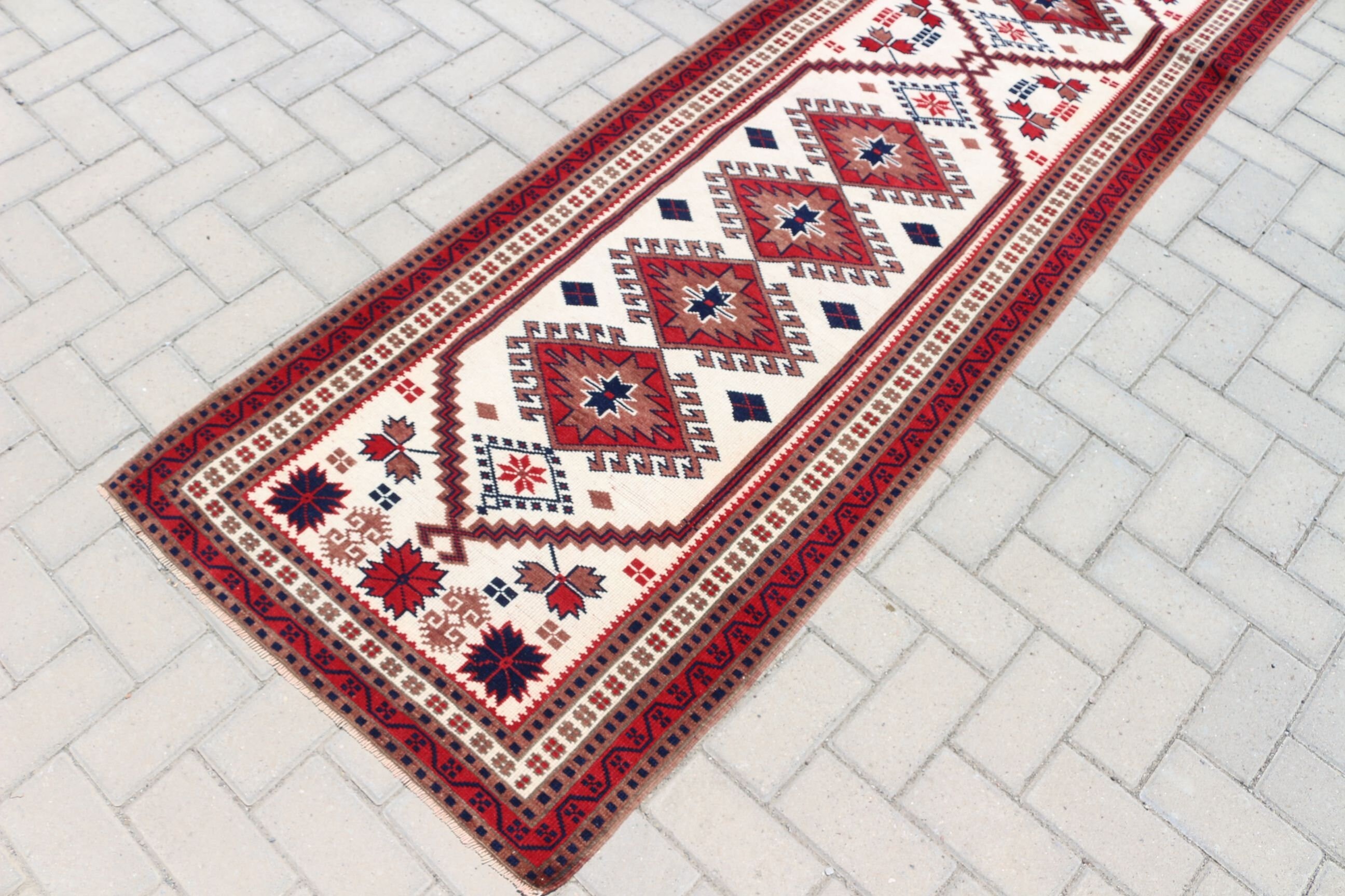 Koridor Halısı, 2.6x11.9 ft Runner Halısı, Soğuk Halı, Kırmızı Yün Halı, Türk Halıları, Runner Halıları, El Yapımı Halılar, Vintage Halı