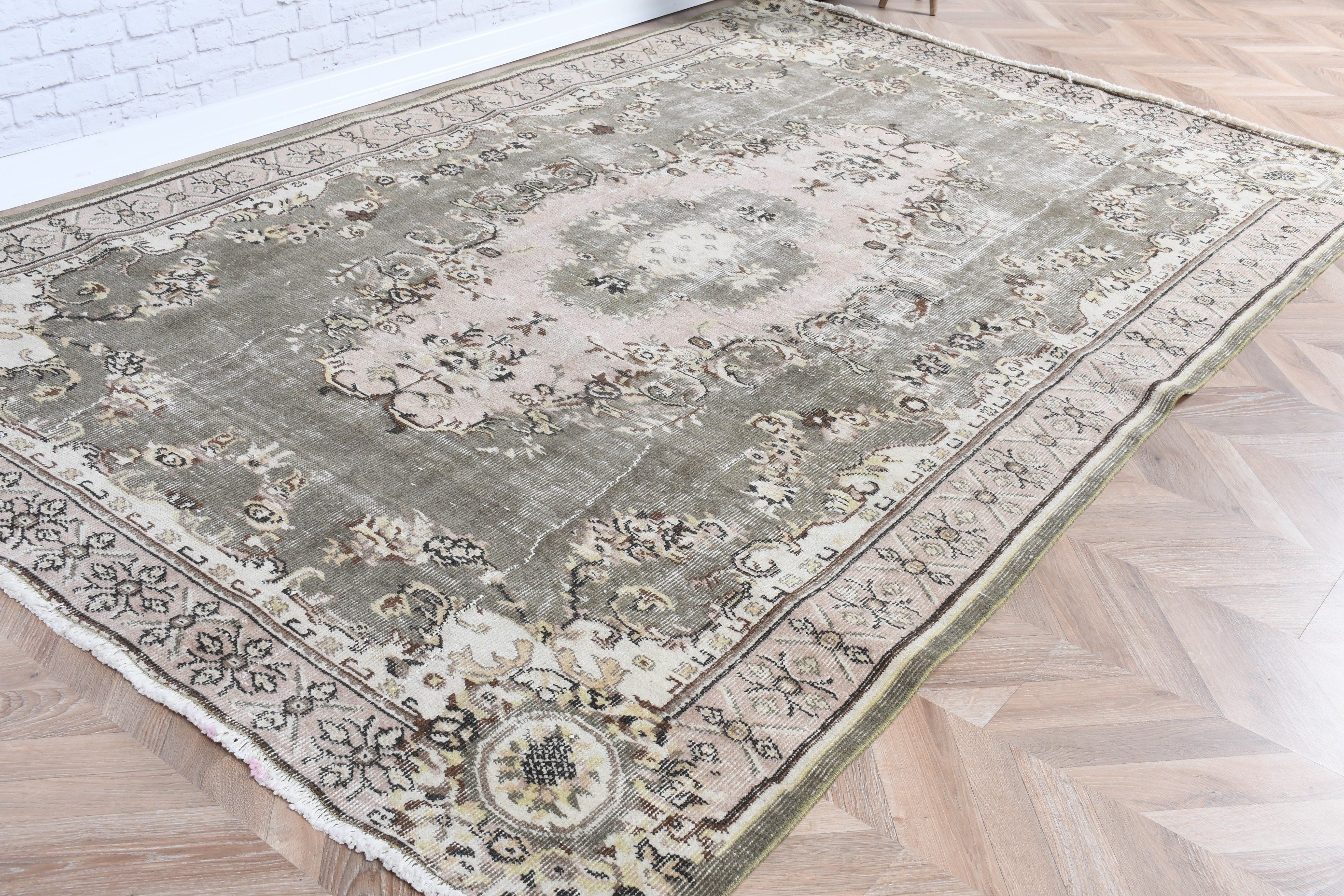 Estetik Halılar, Türk Halısı, Vintage Halı, Büyük Oushak Halıları, Mutfak Halısı, 5.5x8.4 ft Büyük Halı, Bej Nötr Halı, Salon Halısı