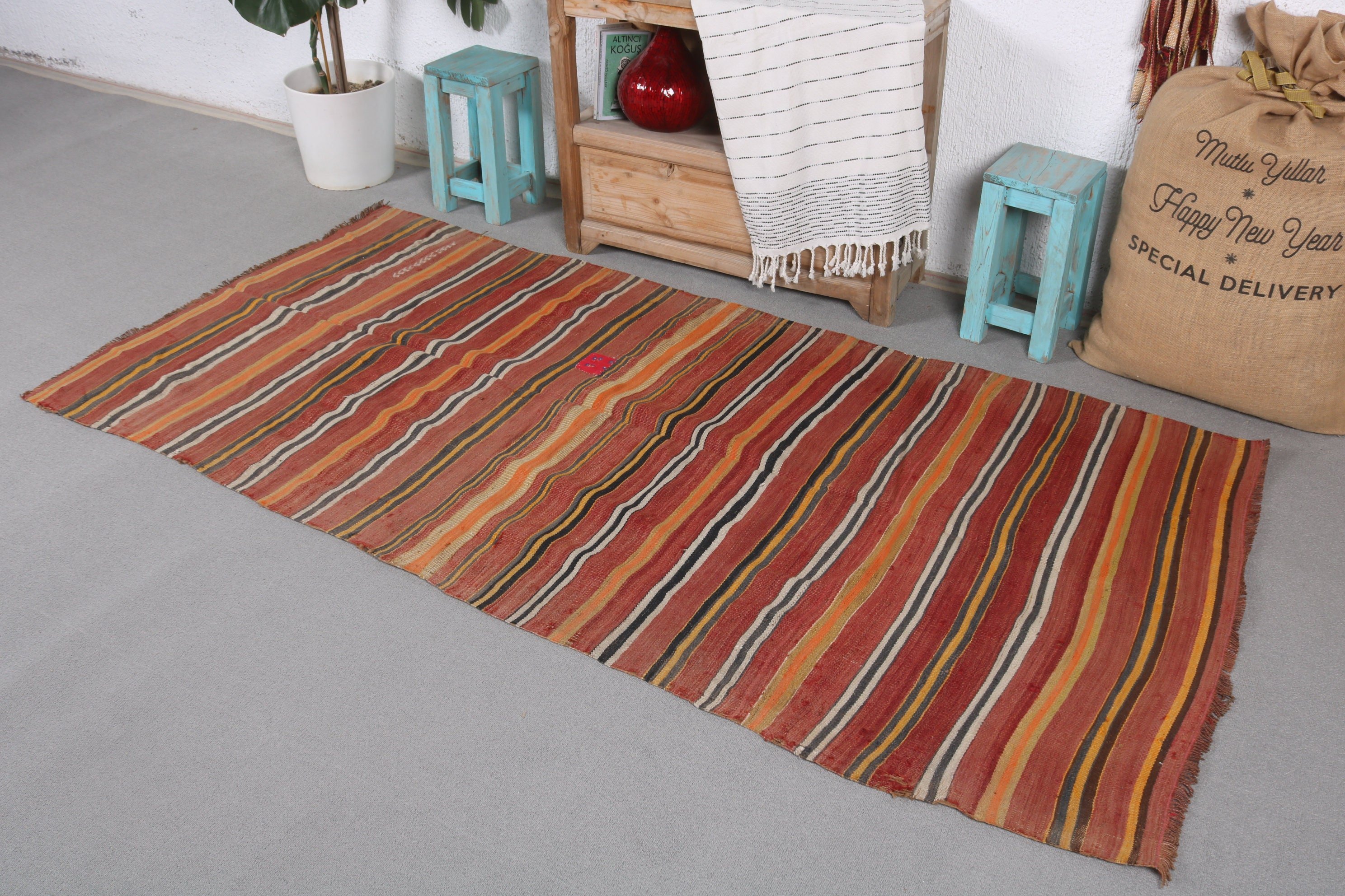 Turkish Rug, Nursery Rugs, Floor Rugs, Kilim, Oriental Rug, 3.4x7.1 ft Area Rugs, Red Cool Rugs, Handwoven Rug, Vintage Rug