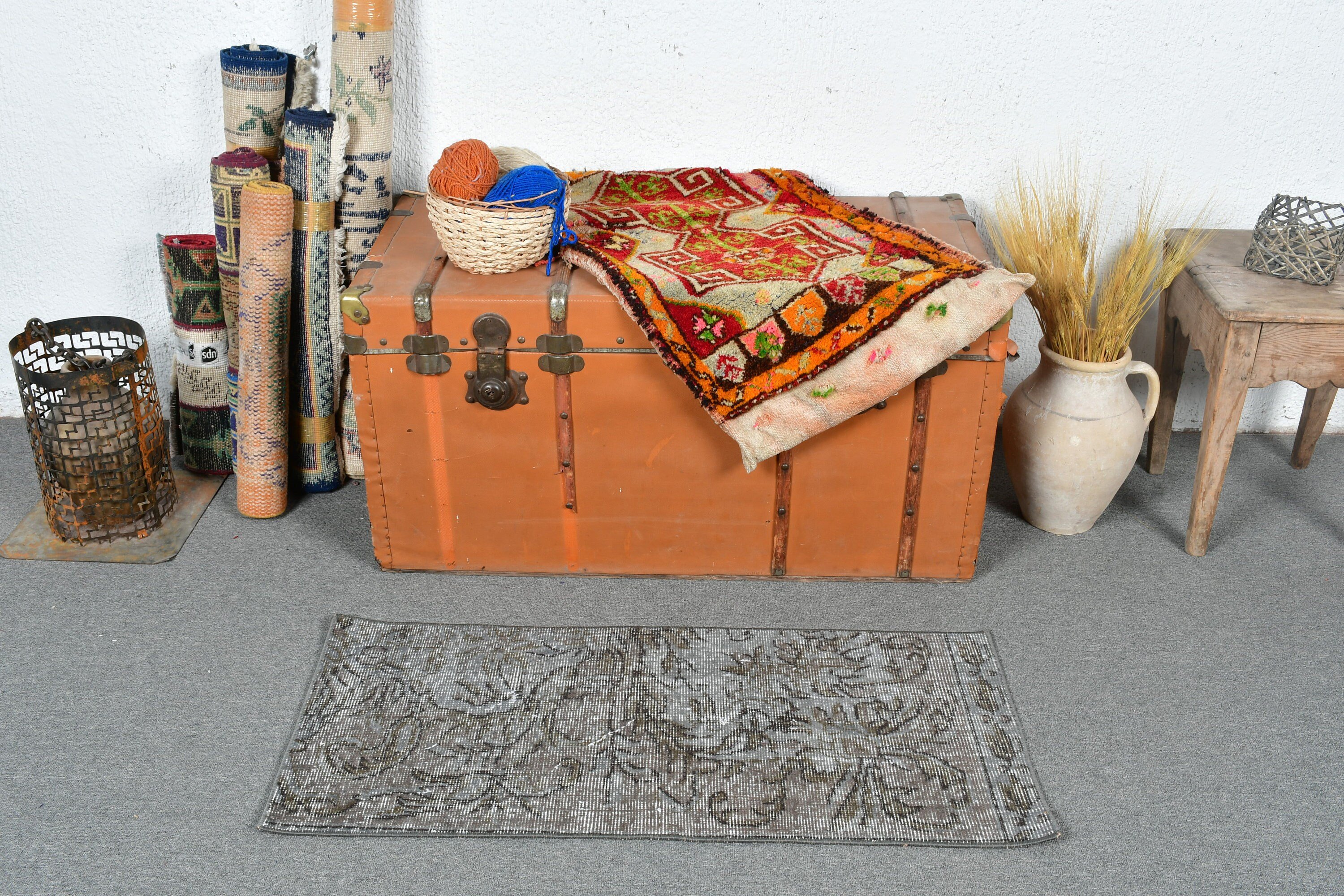 Araba Paspas Halısı, Otantik Halı, Gri Ev Dekorasyonu Halıları, 1.5x3.3 ft Küçük Halı, Vintage Halı, Duvara Asılı Halı, Yün Halı, Türk Halıları, Oryantal Halı