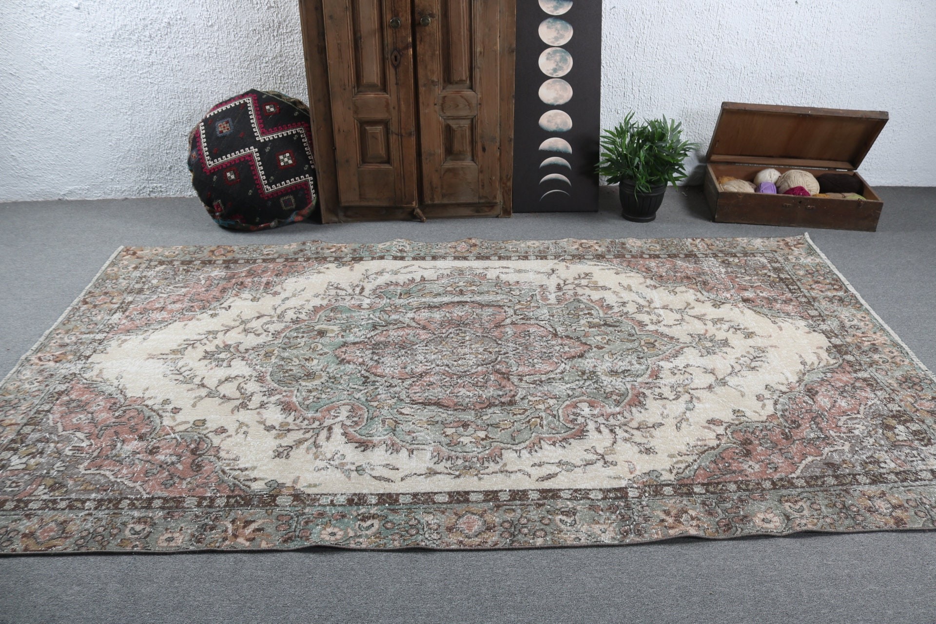 Floor Rug, Vintage Rug, Large Oushak Rugs, Green Handwoven Rugs, Bedroom Rug, Tribal Rug, Kitchen Rugs, 5.7x9.8 ft Large Rugs, Turkish Rugs