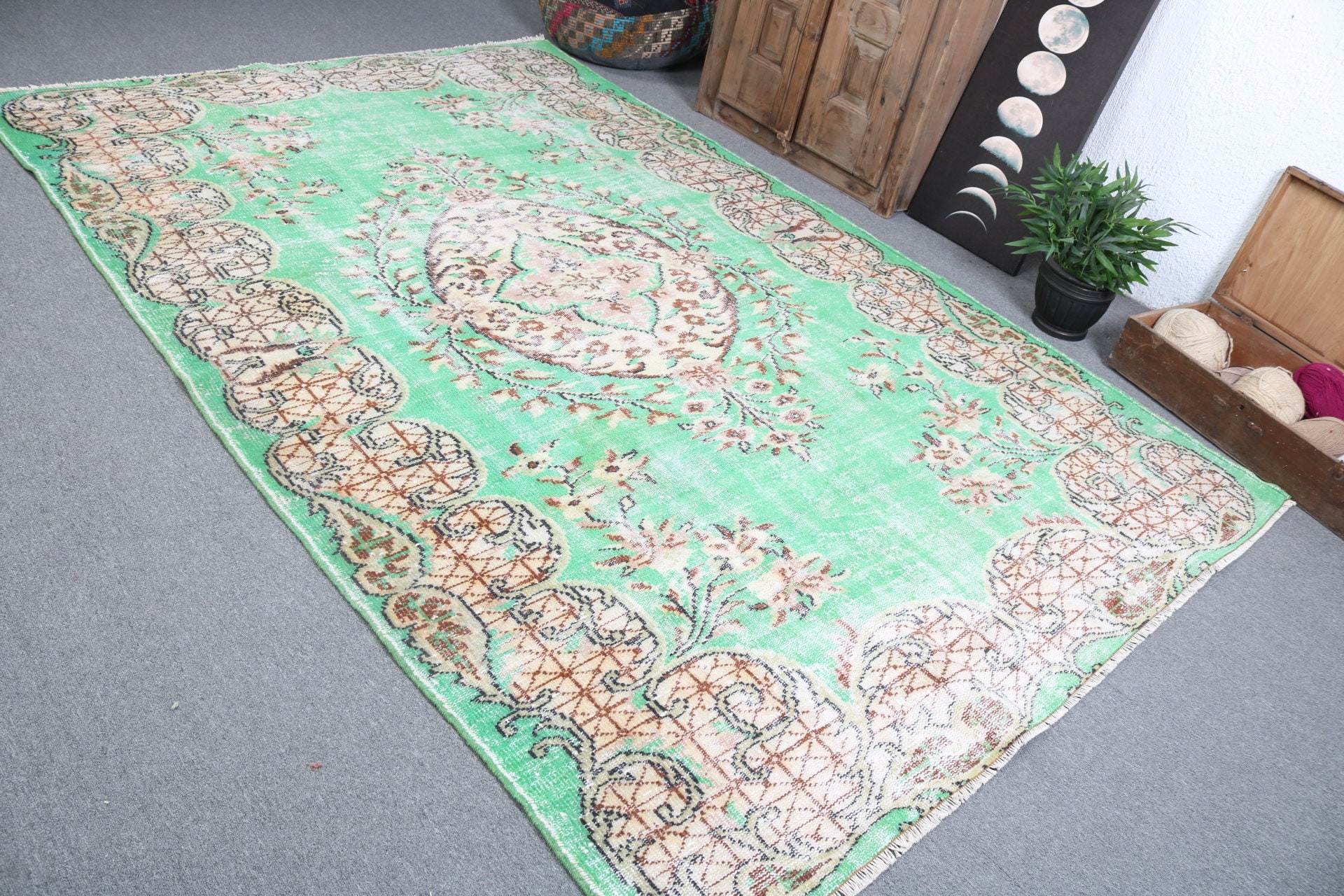 Vintage Halılar, Nötr Halılar, Oturma Odası Halıları, Büyük Vintage Halılar, Türk Halıları, Antika Halılar, 6.4x9.6 ft Büyük Halılar, Yeşil İfade Halıları