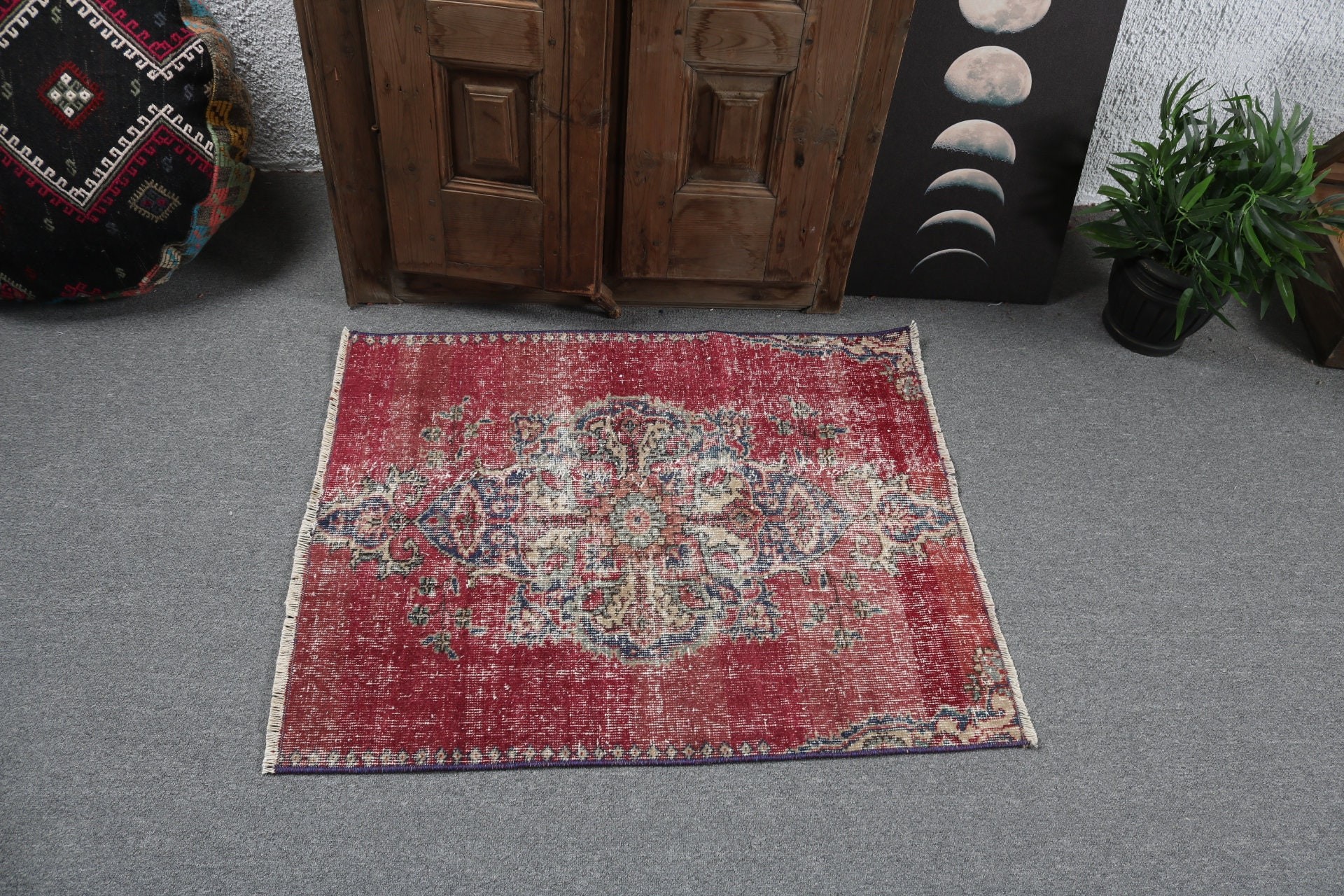 Türk Halısı, 2.6x3.1 ft Küçük Halılar, Kırmızı Oushak Halıları, Yatak Odası Halıları, El Dokuma Halıları, Banyo Halıları, Oryantal Halılar, Vintage Halı, Türkiye Halısı