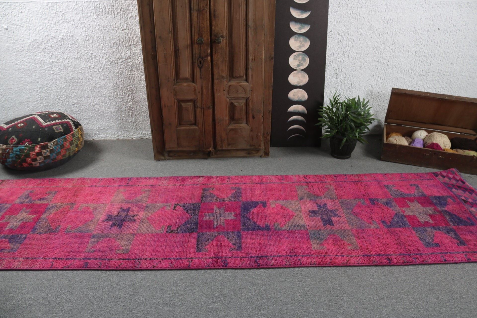 Wool Rug, Beni Ourain Runner Rug, Aztec Rug, Turkish Rugs, Pink Floor Rug, 2.9x11.2 ft Runner Rug, Geometric Rug, Vintage Rug, Hallway Rugs