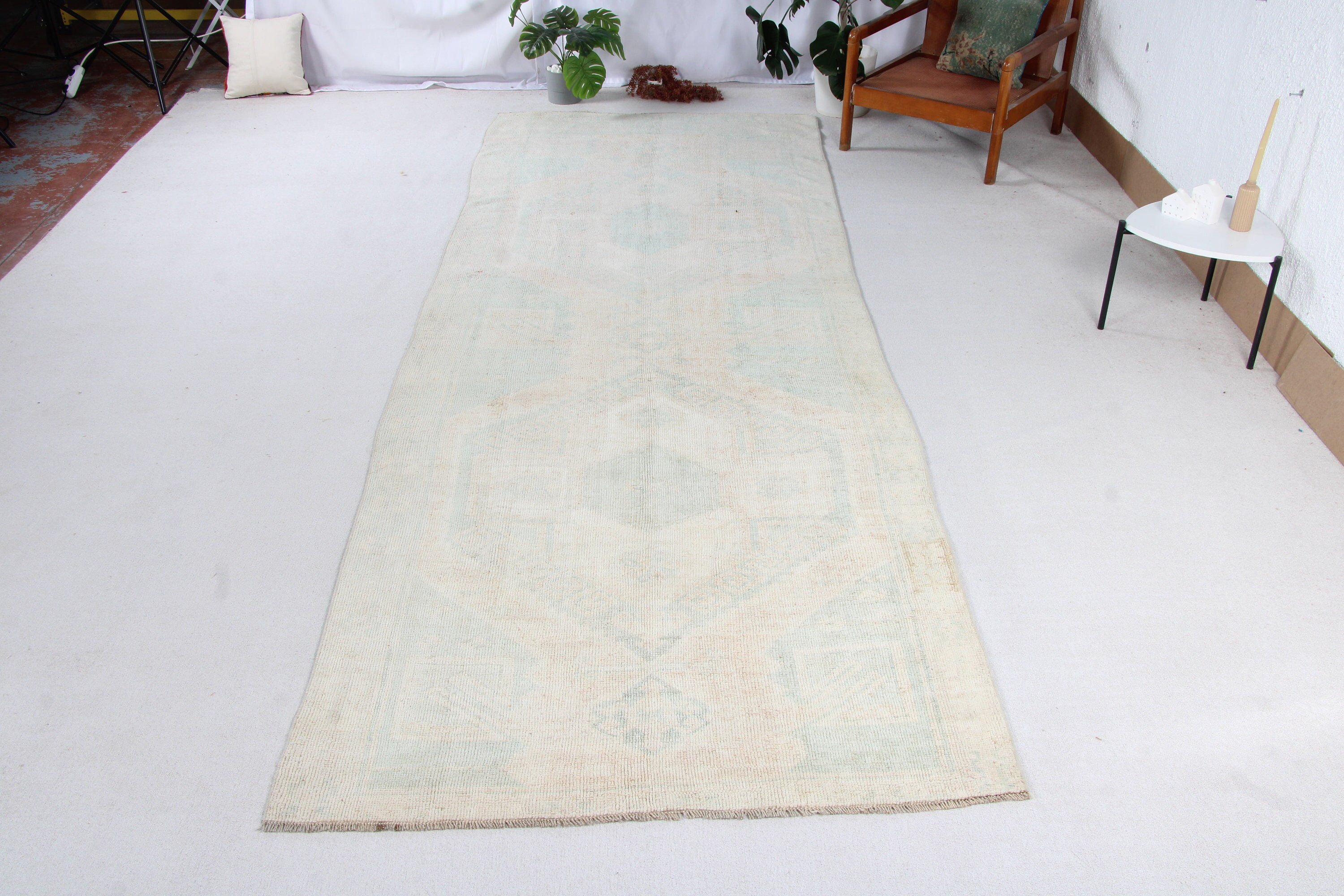 4.6x12.9 ft Runner Halı, Vintage Halılar, Oushak Halı, Boho Halı, Yatak Odası Halıları, Uzun Yolluk Halıları, Beyaz Antika Halılar, Koridor Halıları, Türk Halıları