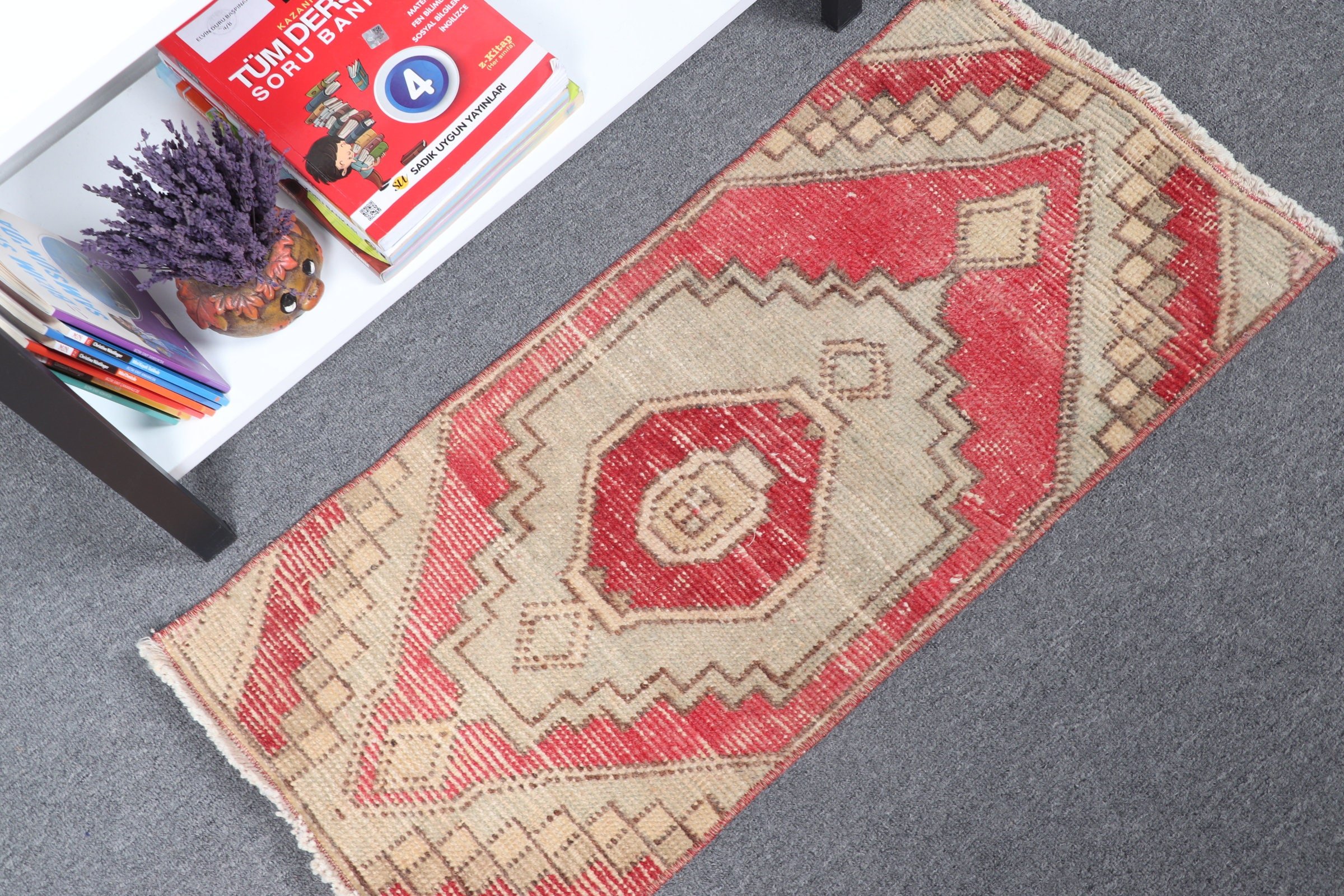 Vintage Rug, Red Wool Rug, Rugs for Bath, Home Decor Rug, Anatolian Rug, Bedroom Rug, 1.3x2.8 ft Small Rug, Turkish Rug, Kitchen Rug