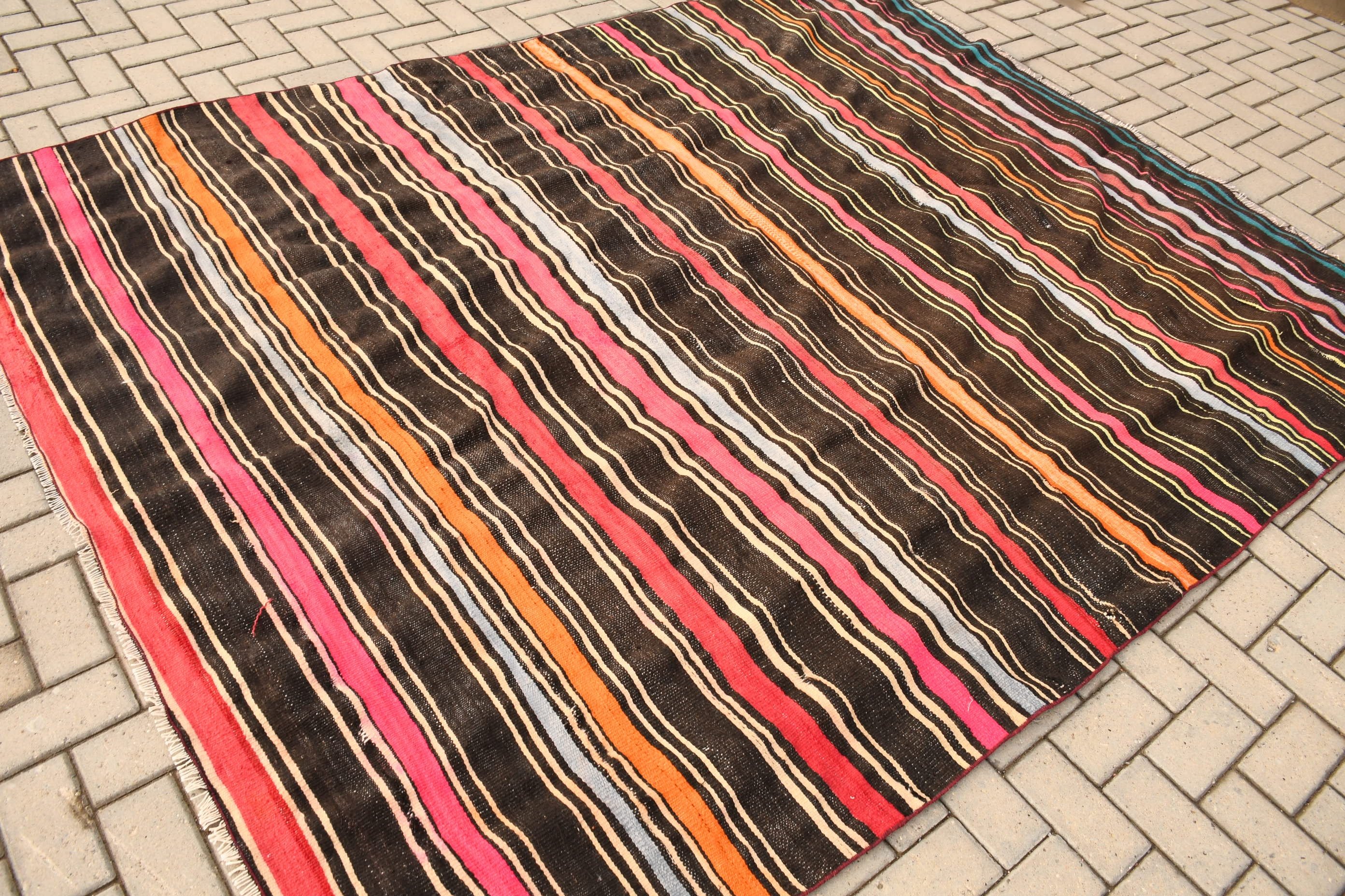 Kilim, Yer Halıları, Oushak Halı, Boho Halı, Siyah Havalı Halılar, Türk Halıları, Vintage Halılar, Yatak Odası Halısı, Oturma Odası Halıları, 6,9x8,8 ft Büyük Halılar