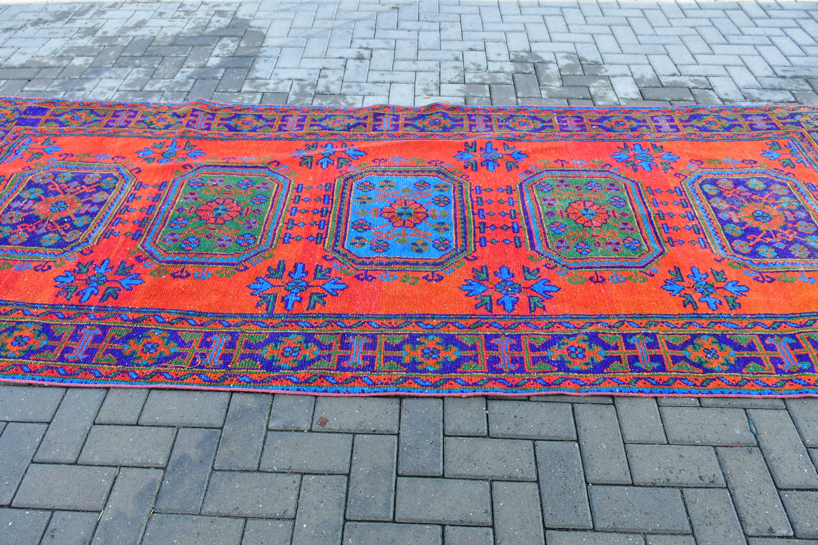 Vintage Rug, Turkish Rug, Kitchen Rugs, 4.3x11.5 ft Runner Rugs, Orange Wool Rugs, Rugs for Kitchen, Corridor Rugs, Pastel Rugs, Wool Rugs