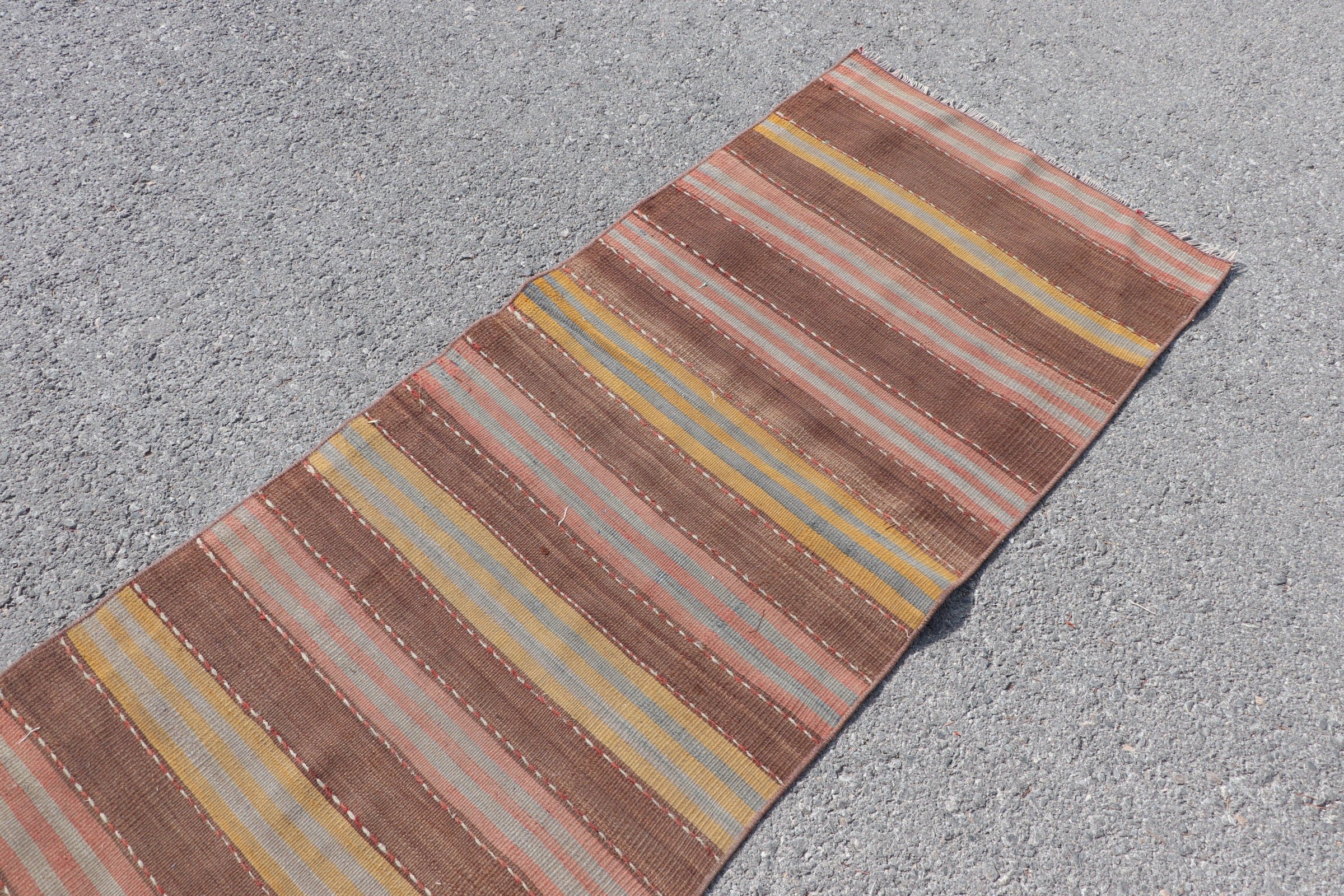 Türk Halısı, 2.4x10.4 ft Runner Halısı, Yer Halıları, Kahverengi Mutfak Halısı, Vintage Halı, Eklektik Halı, Kilim, Koridor Halıları, Merdiven Halısı, Yatak Odası Halısı