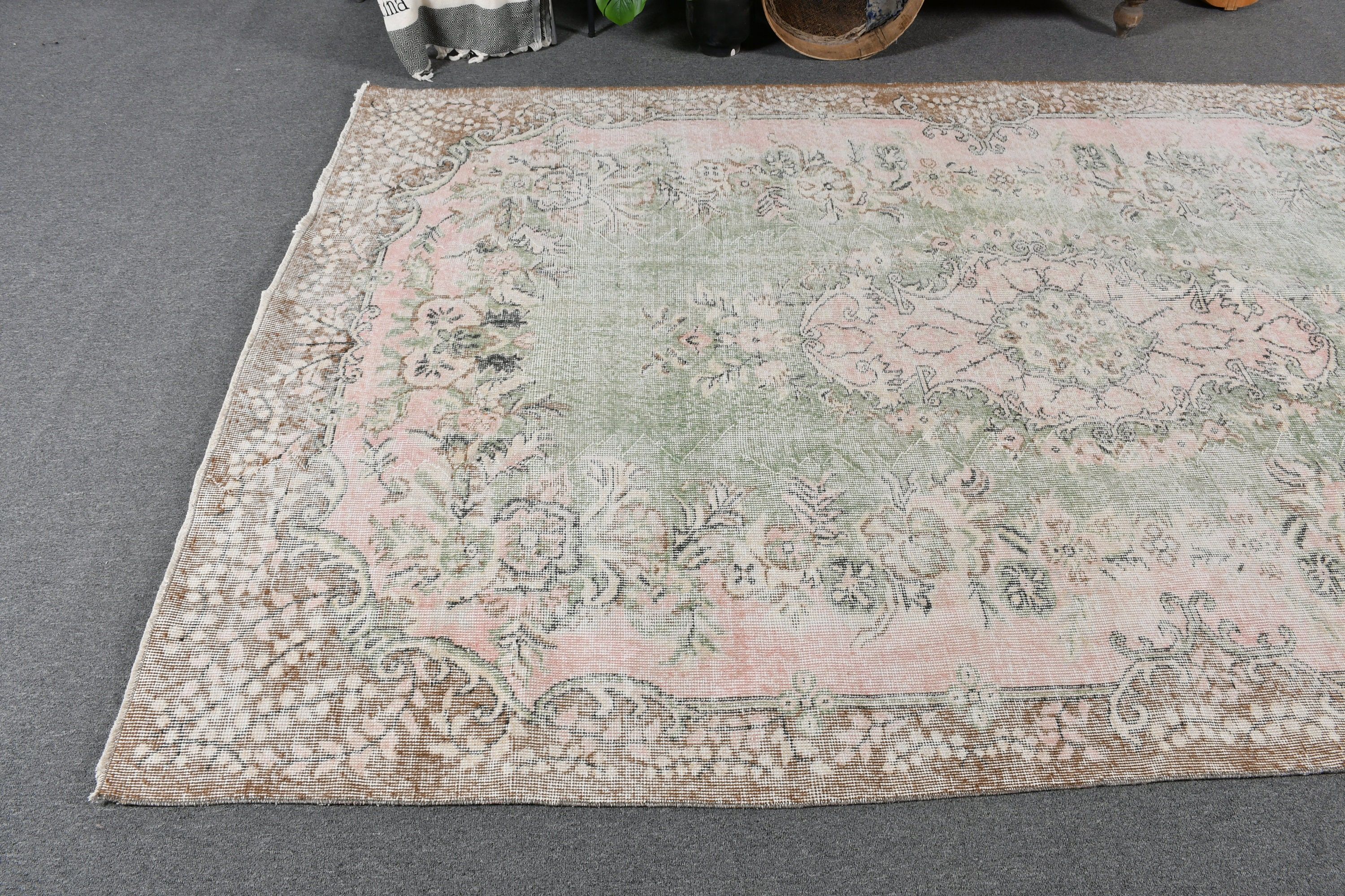 Türk Halısı, Organik Halı, Oturma Odası Halısı, Fas Halısı, Vintage Halı, Eski Halı, Oushak Halısı, Salon Halıları, 5,9x9,3 ft Büyük Halı, Yeşil Yün Halı