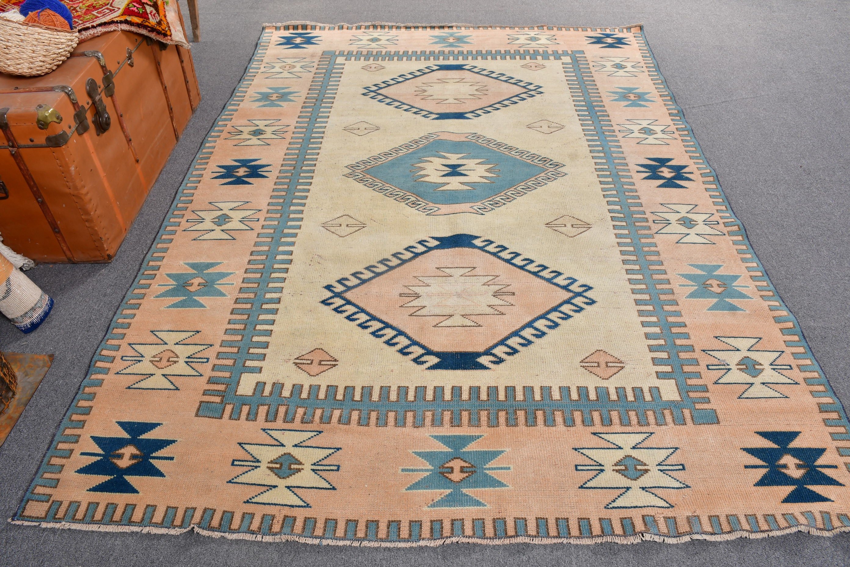 Vintage Halılar, Bej Boho Halı, 5.8x8.2 ft Büyük Halı, Türk Halıları, Büyük Vintage Halılar, Büyük Oushak Halıları, Düz Dokuma Halılar